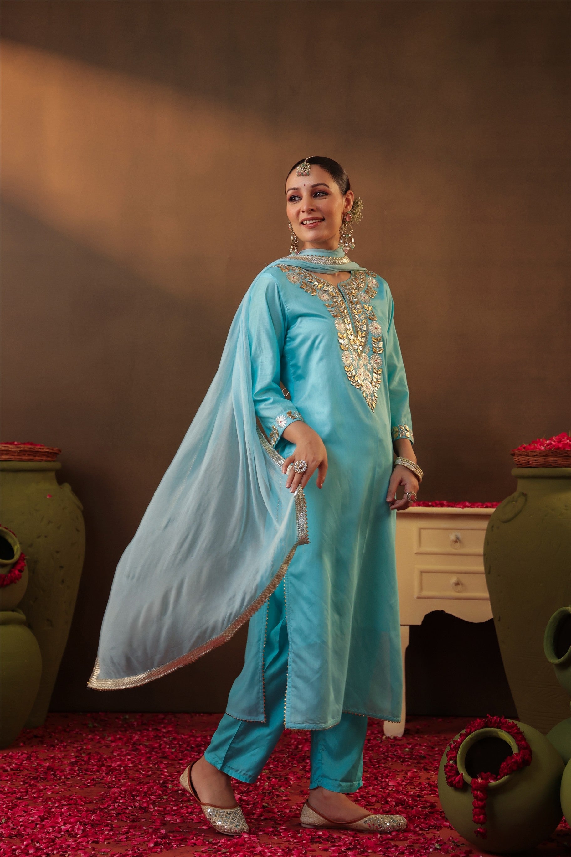 Aqua Chanderi Silk Gota Work Straight Suit Set