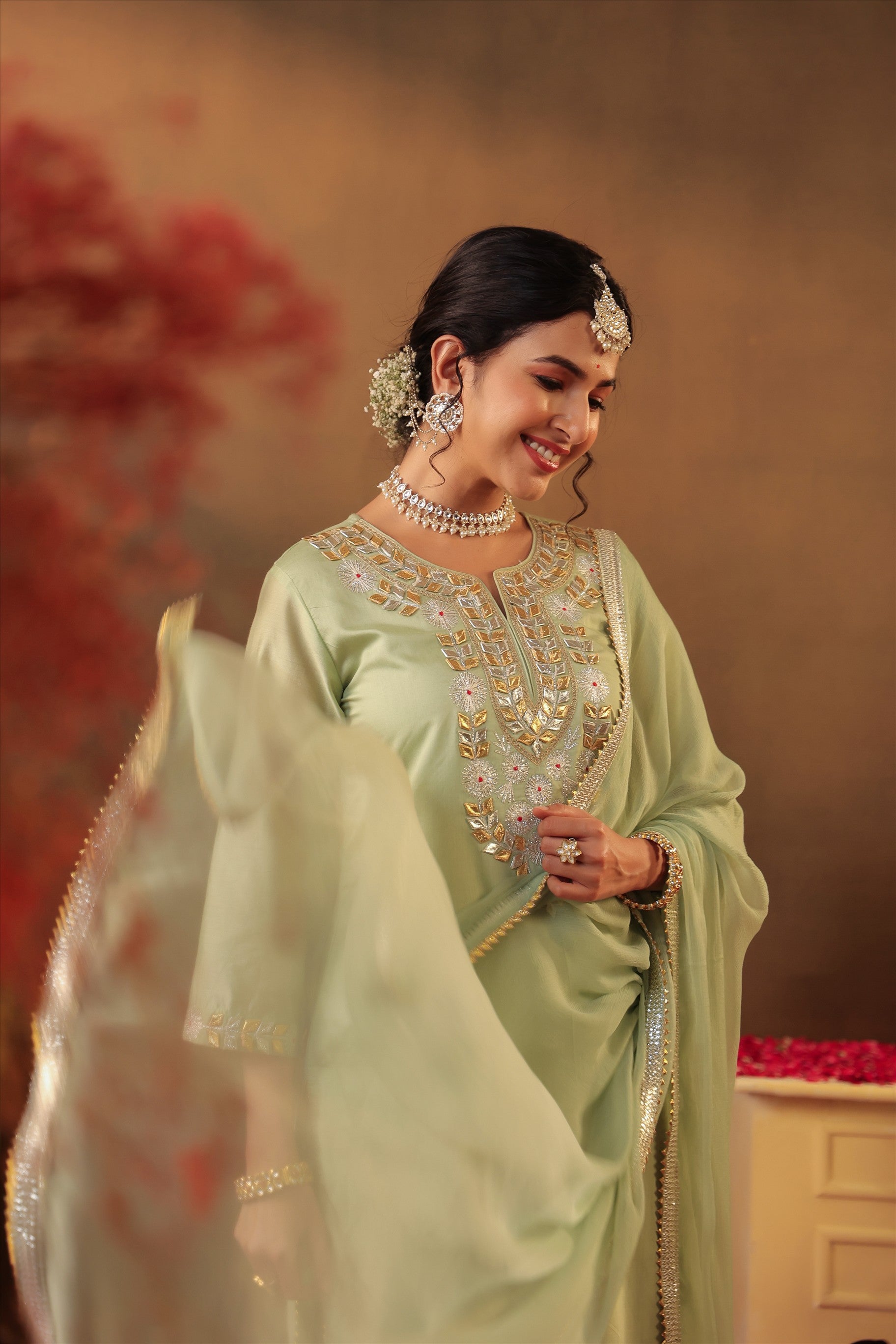 Pista green Chanderi Silk Gota Work Straight Suit Set