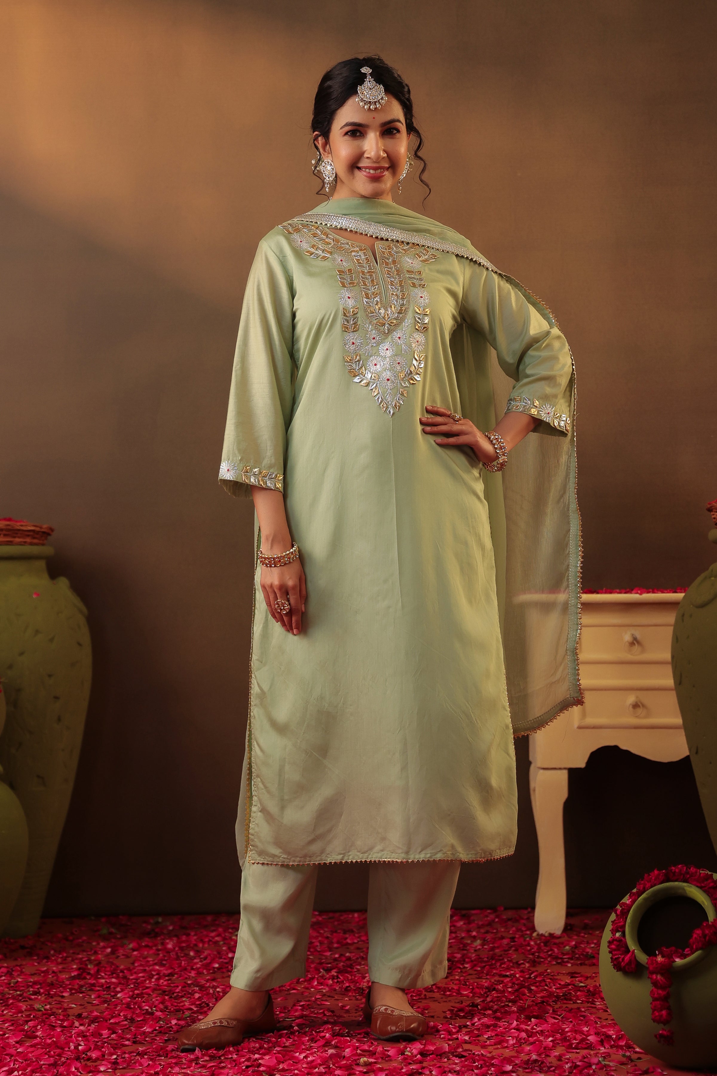 Pista green Chanderi Silk Gota Work Straight Suit Set