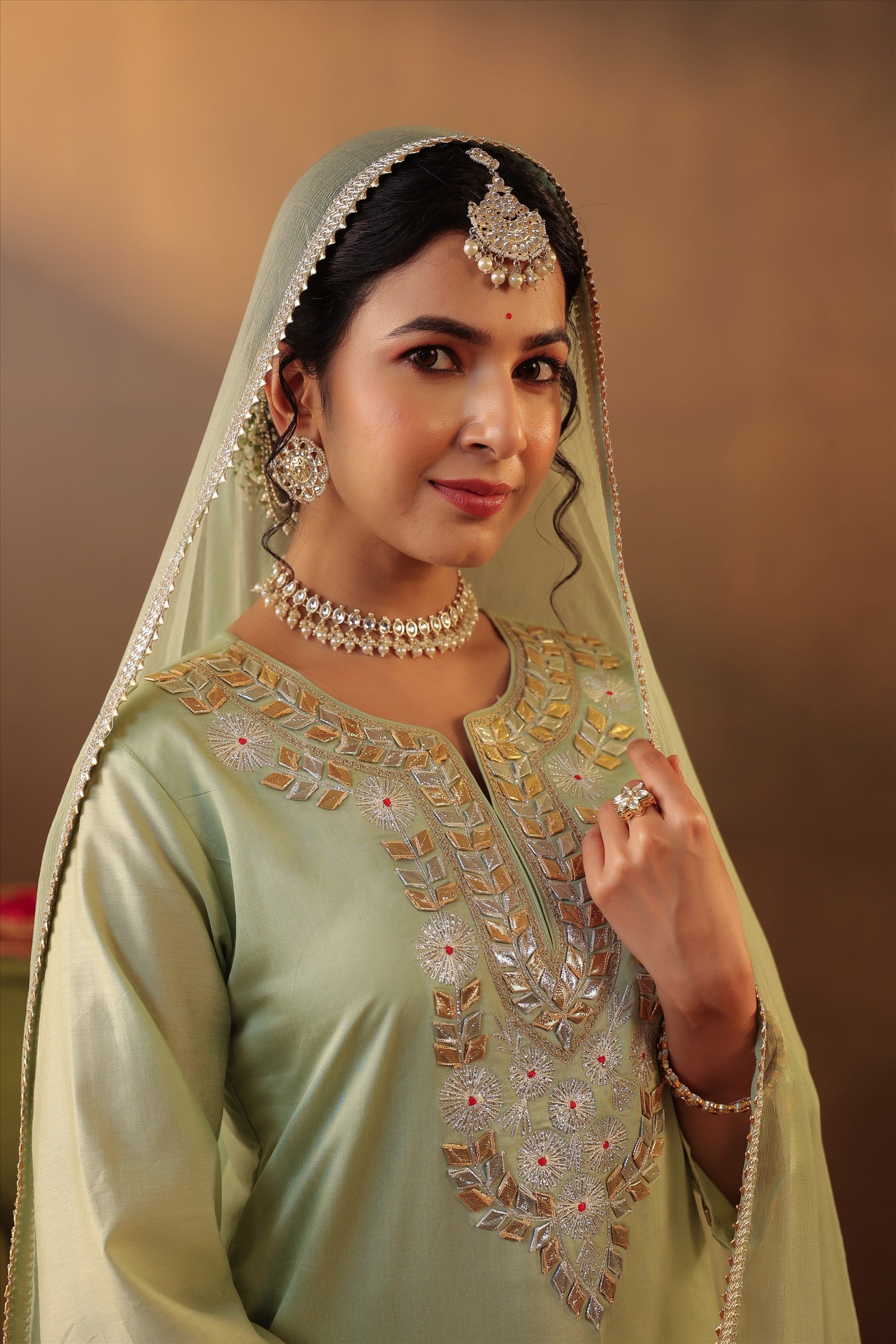 Pista green Chanderi Silk Gota Work Straight Suit Set