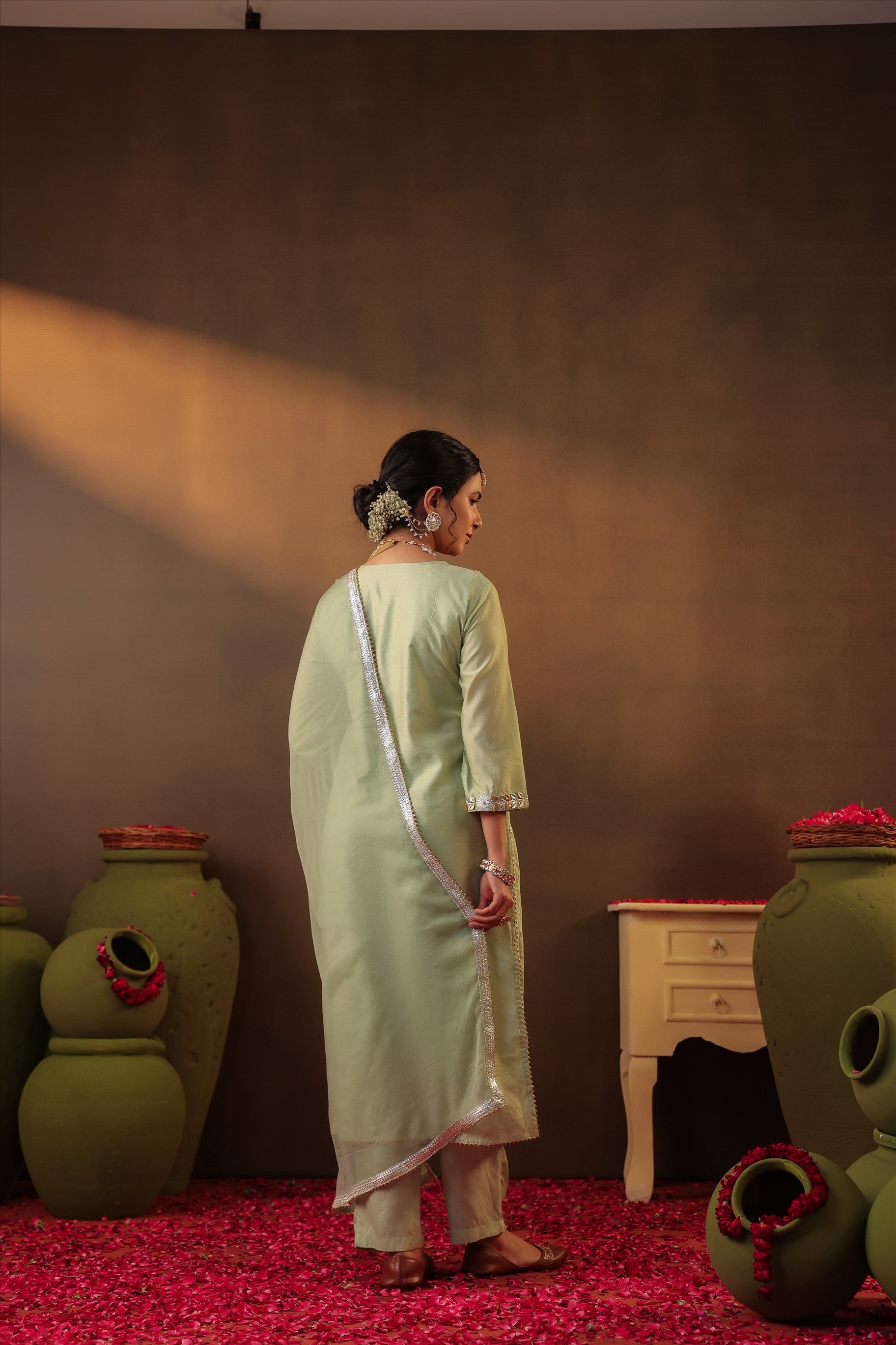 Pista green Chanderi Silk Gota Work Straight Suit Set