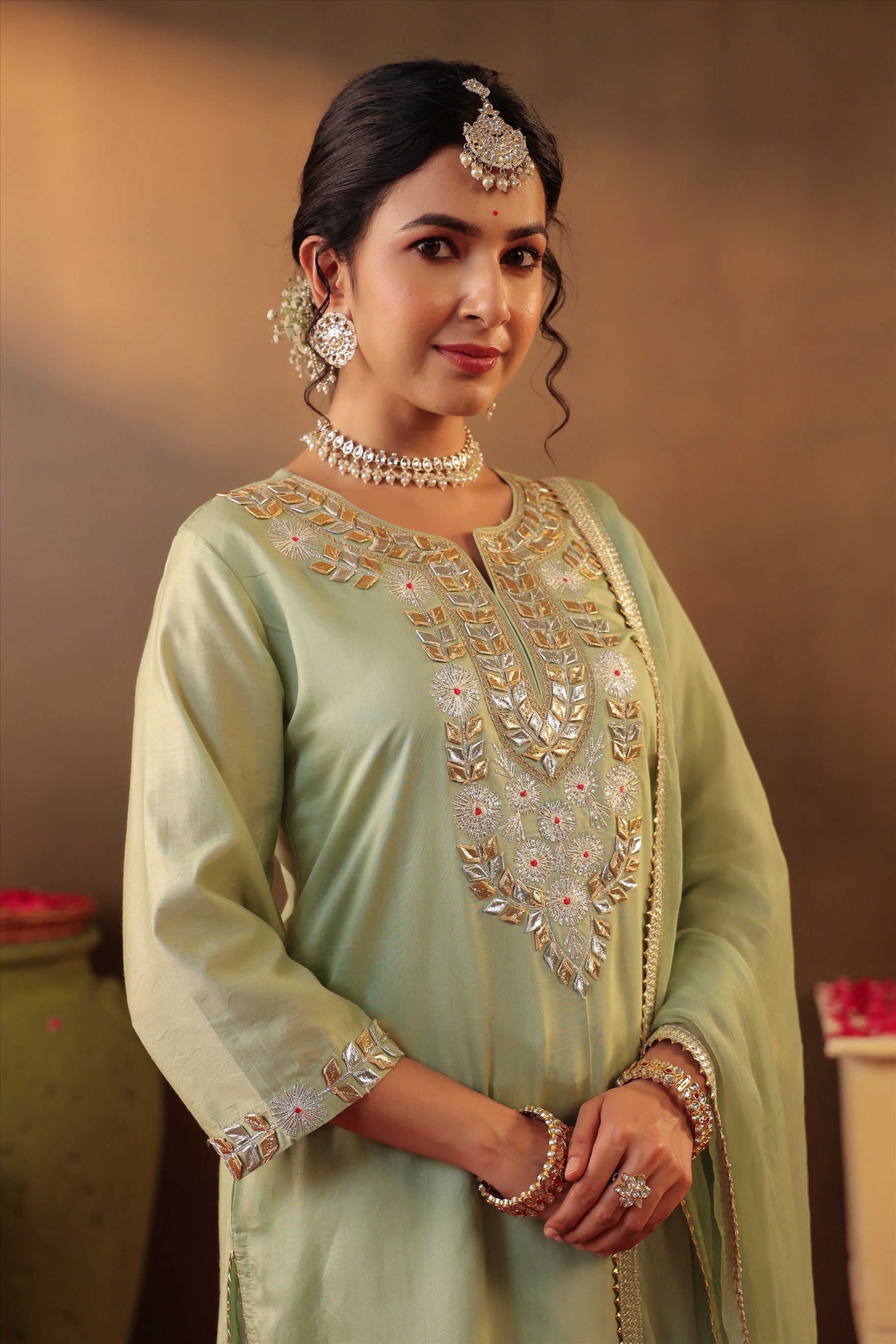 Pista green Chanderi Silk Gota Work Straight Suit Set