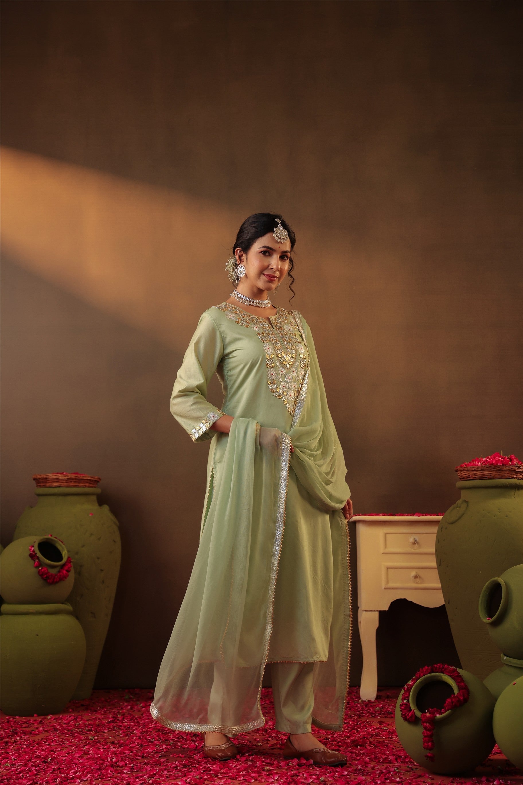 Pista green Chanderi Silk Gota Work Straight Suit Set