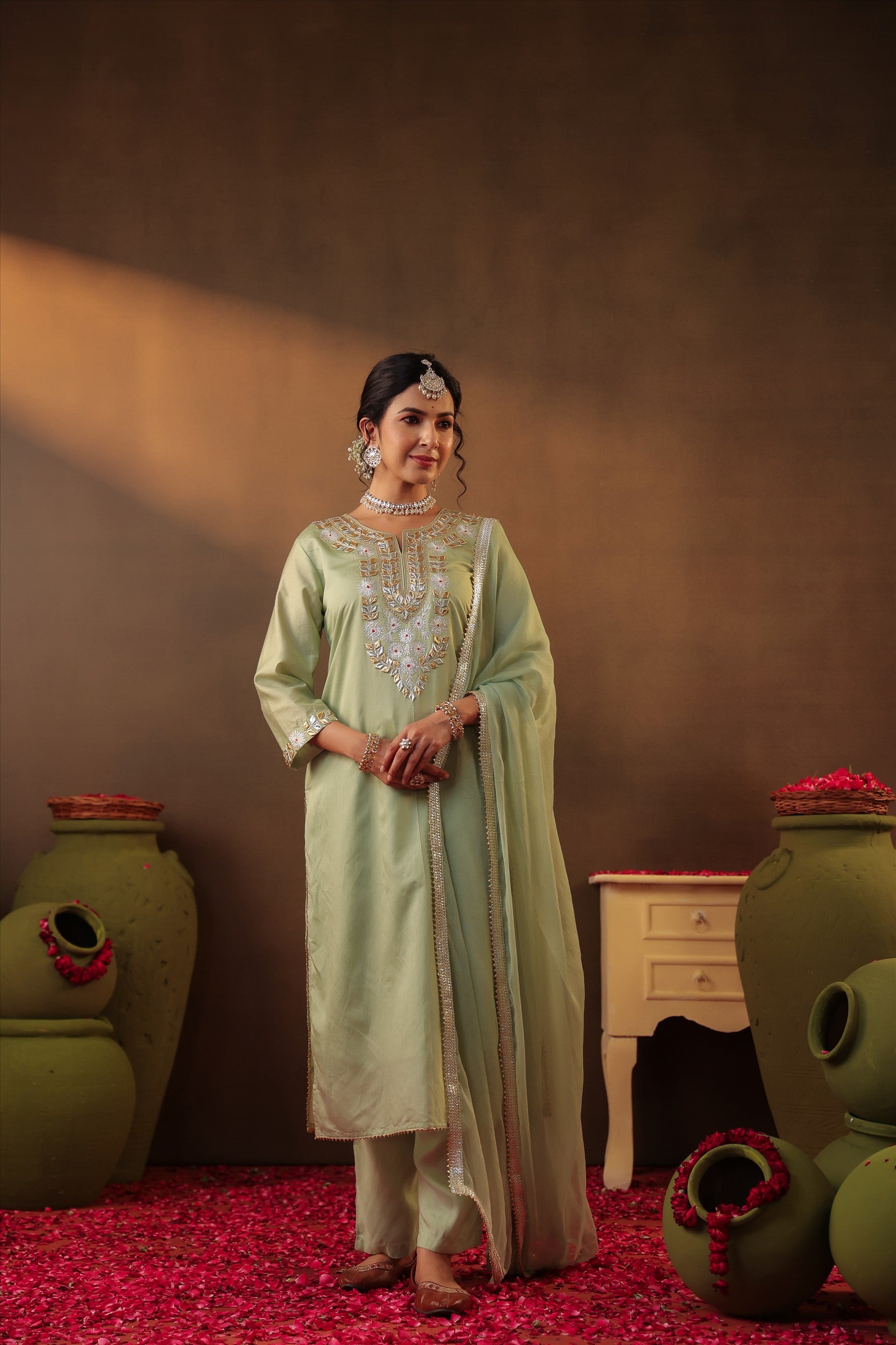 Pista green Chanderi Silk Gota Work Straight Suit Set