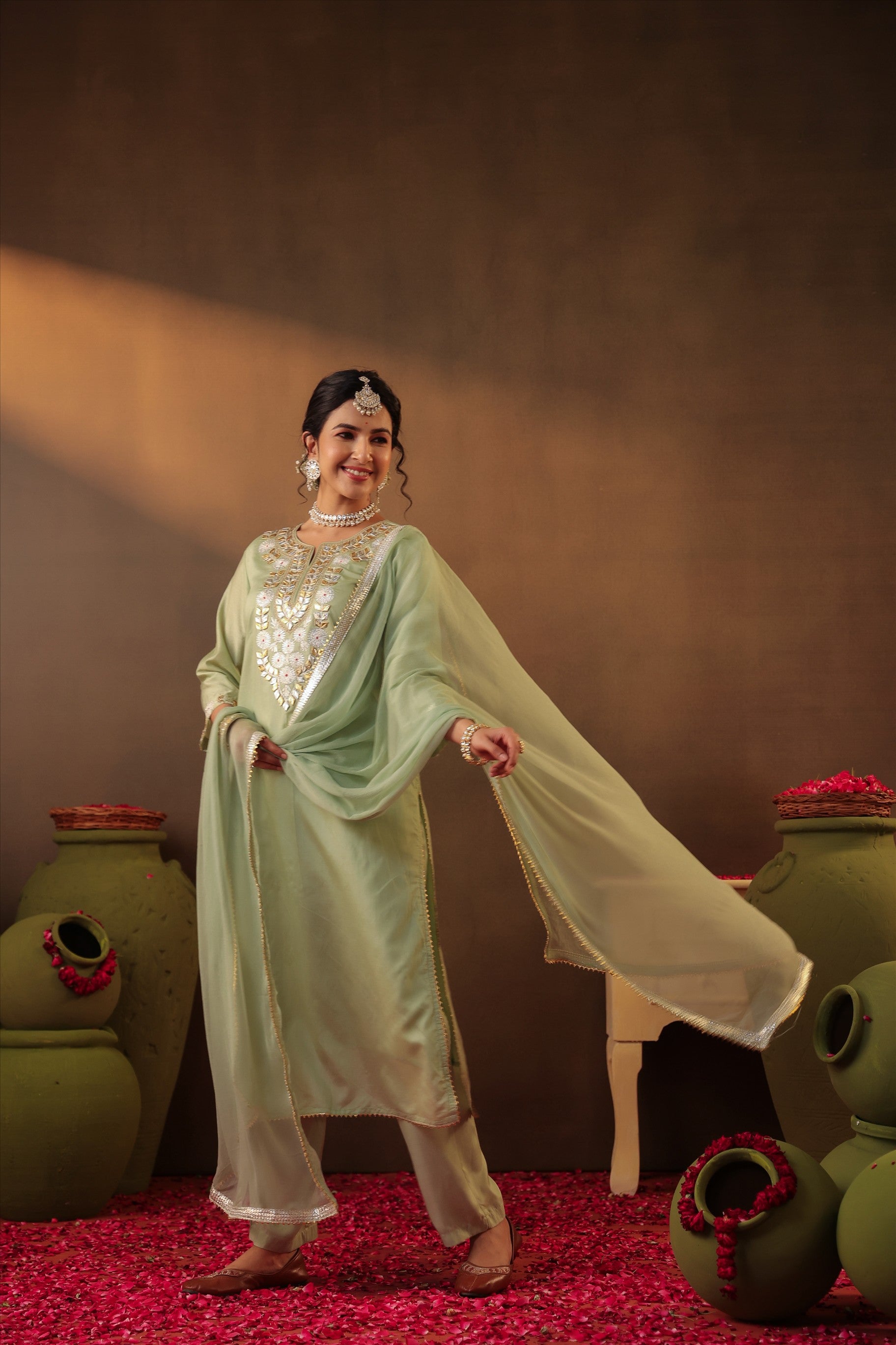 Pista green Chanderi Silk Gota Work Straight Suit Set