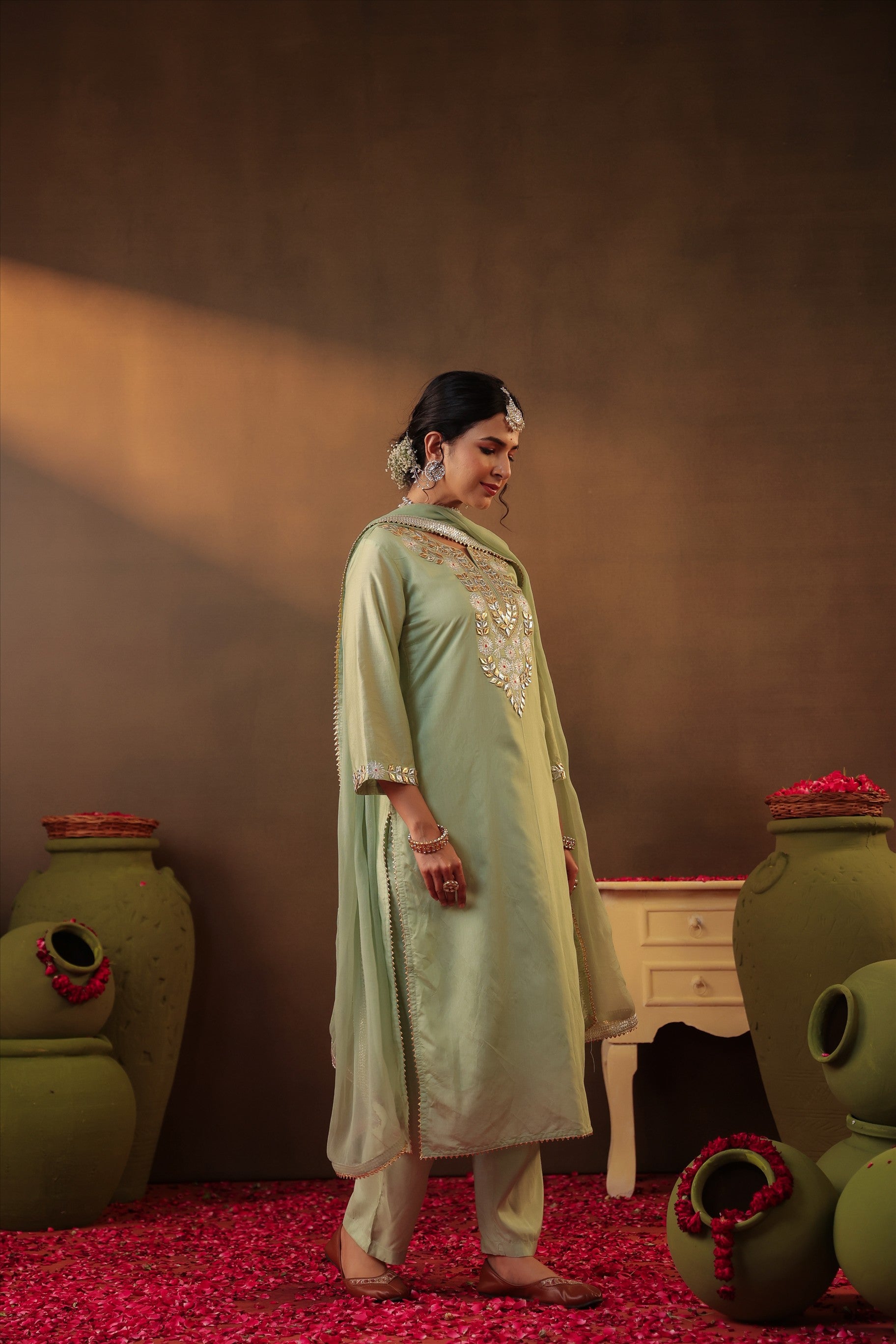 Pista green Chanderi Silk Gota Work Straight Suit Set