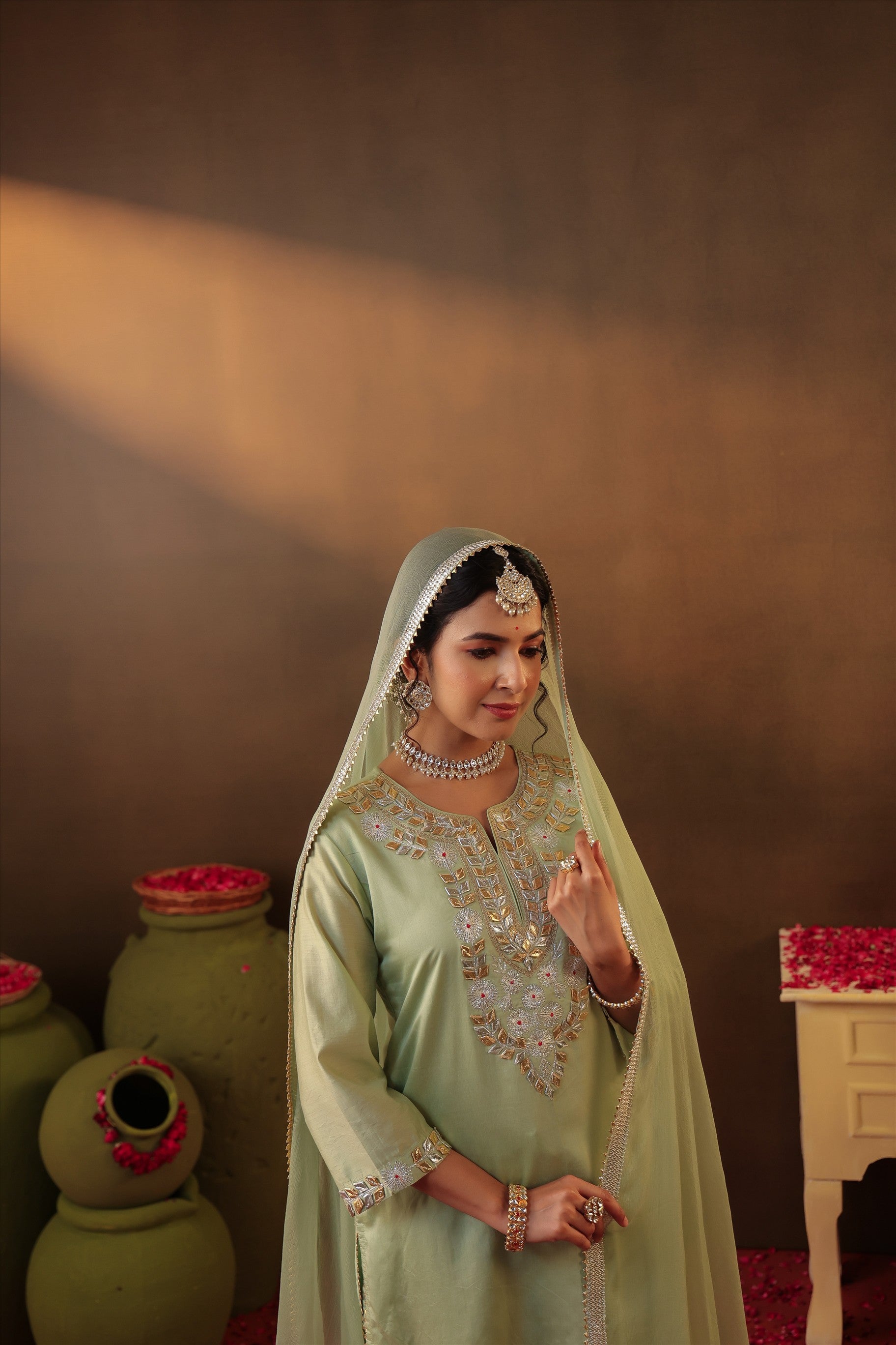 Pista green Chanderi Silk Gota Work Straight Suit Set