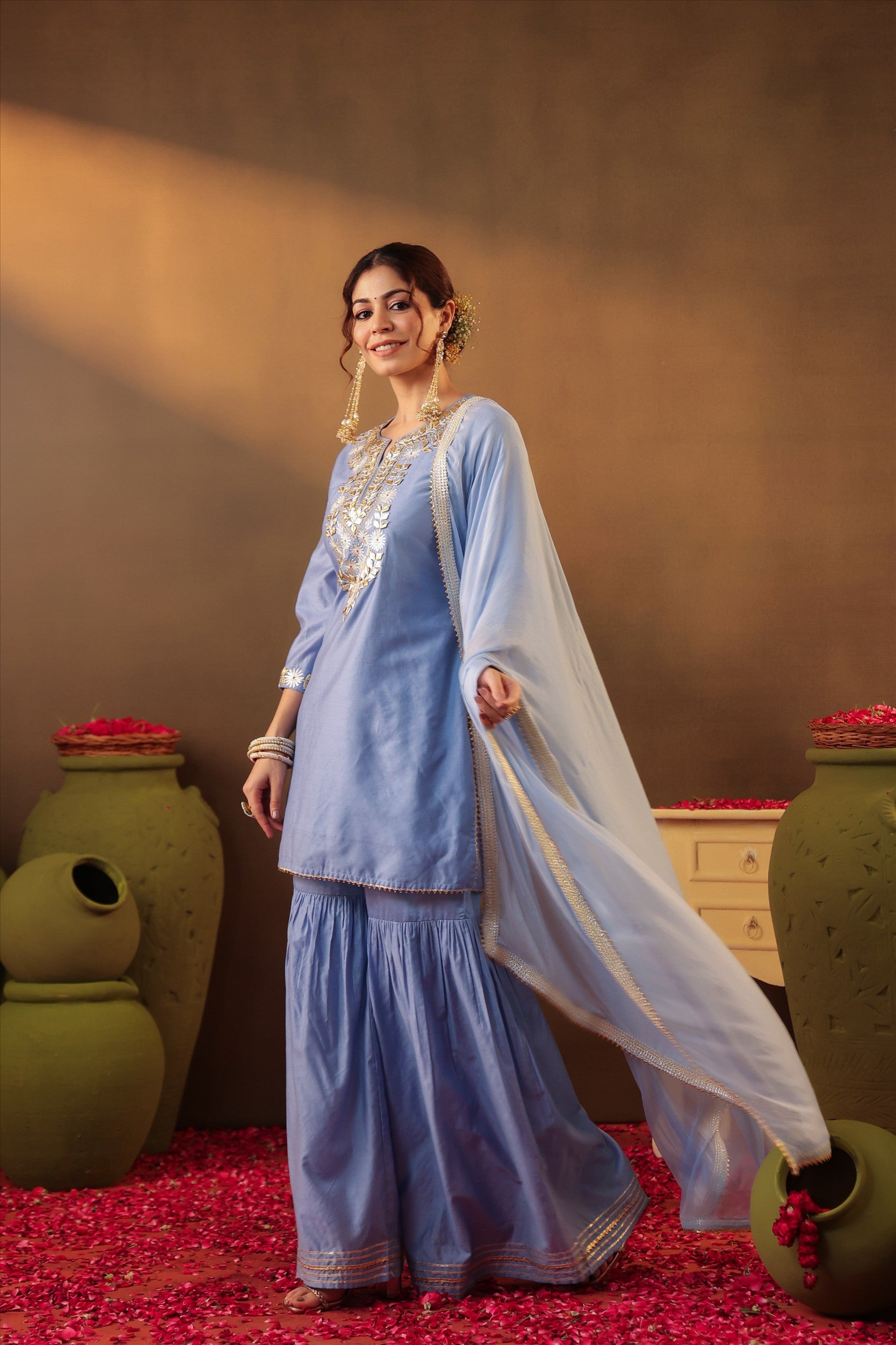 Powderblue Chanderi Silk Gota Work Sharara Set