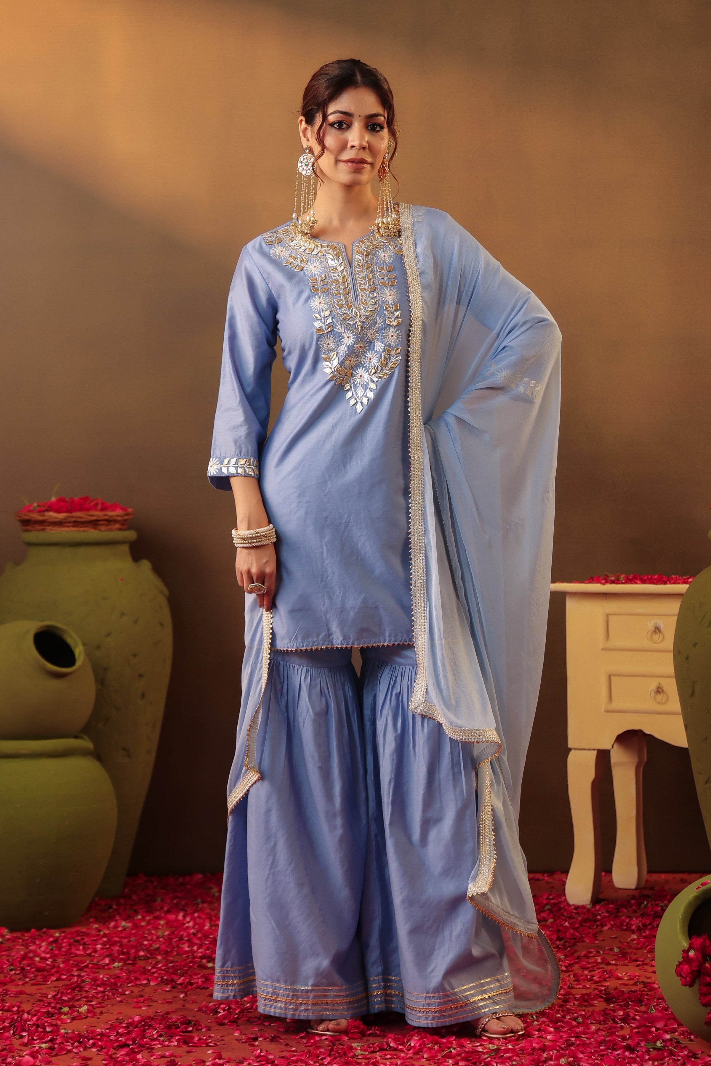 Powderblue Chanderi Silk Gota Work Sharara Set