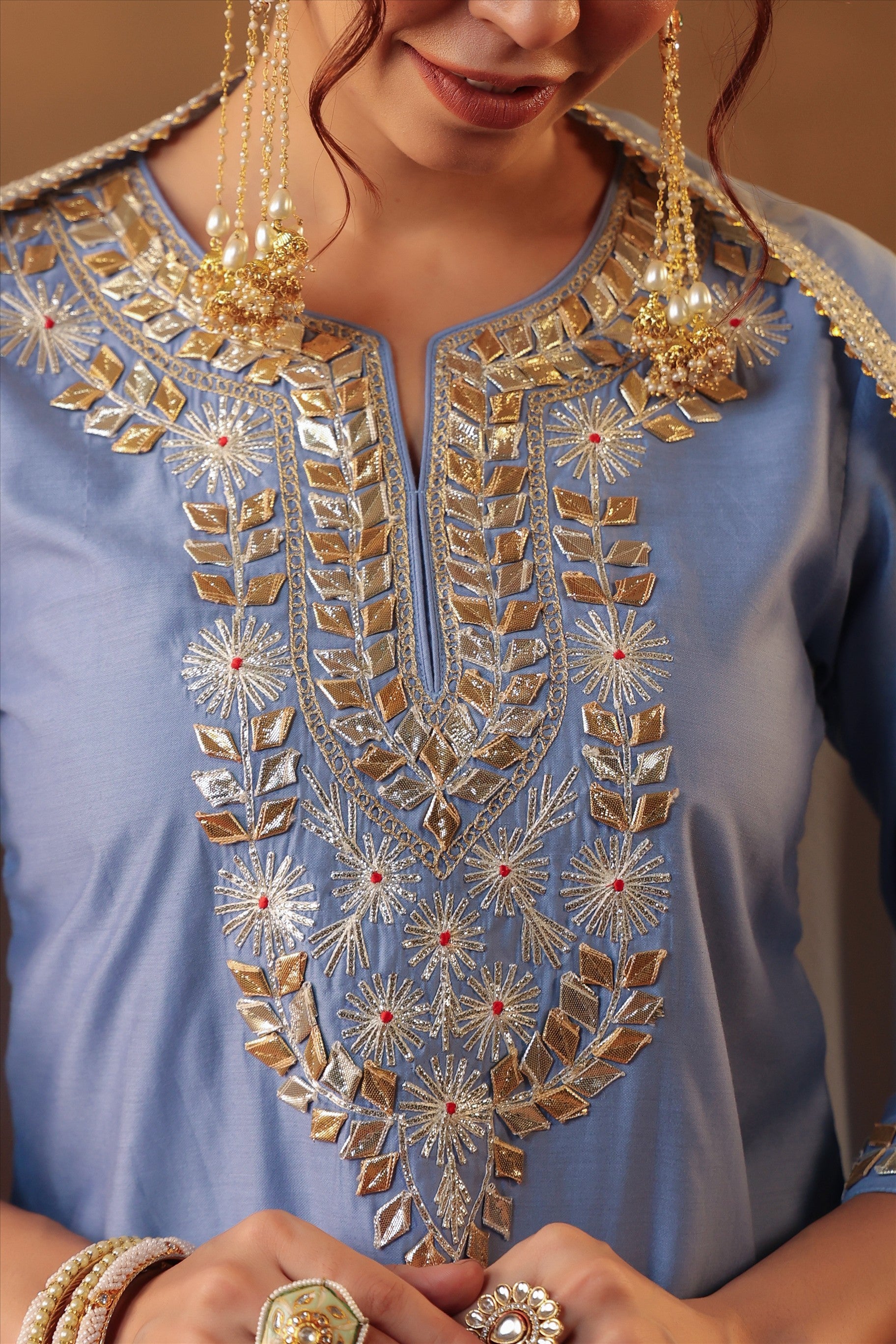 Powderblue Chanderi Silk Gota Work Sharara Set