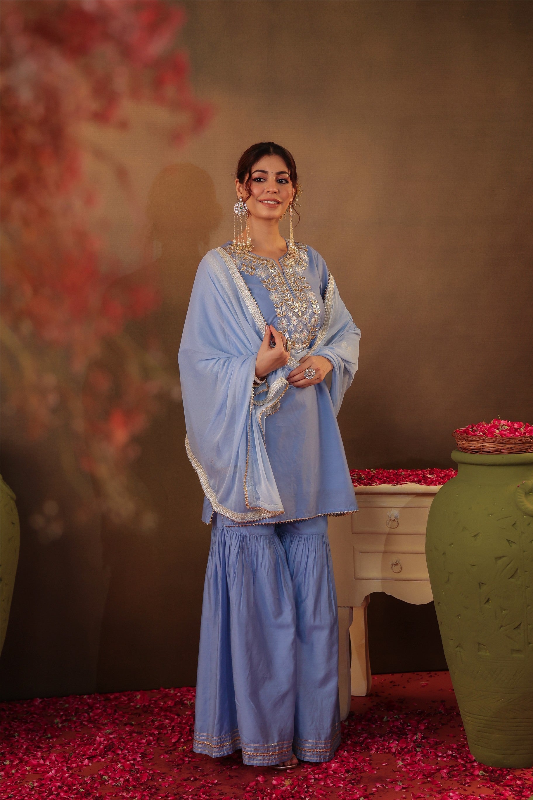 Powderblue Chanderi Silk Gota Work Sharara Set