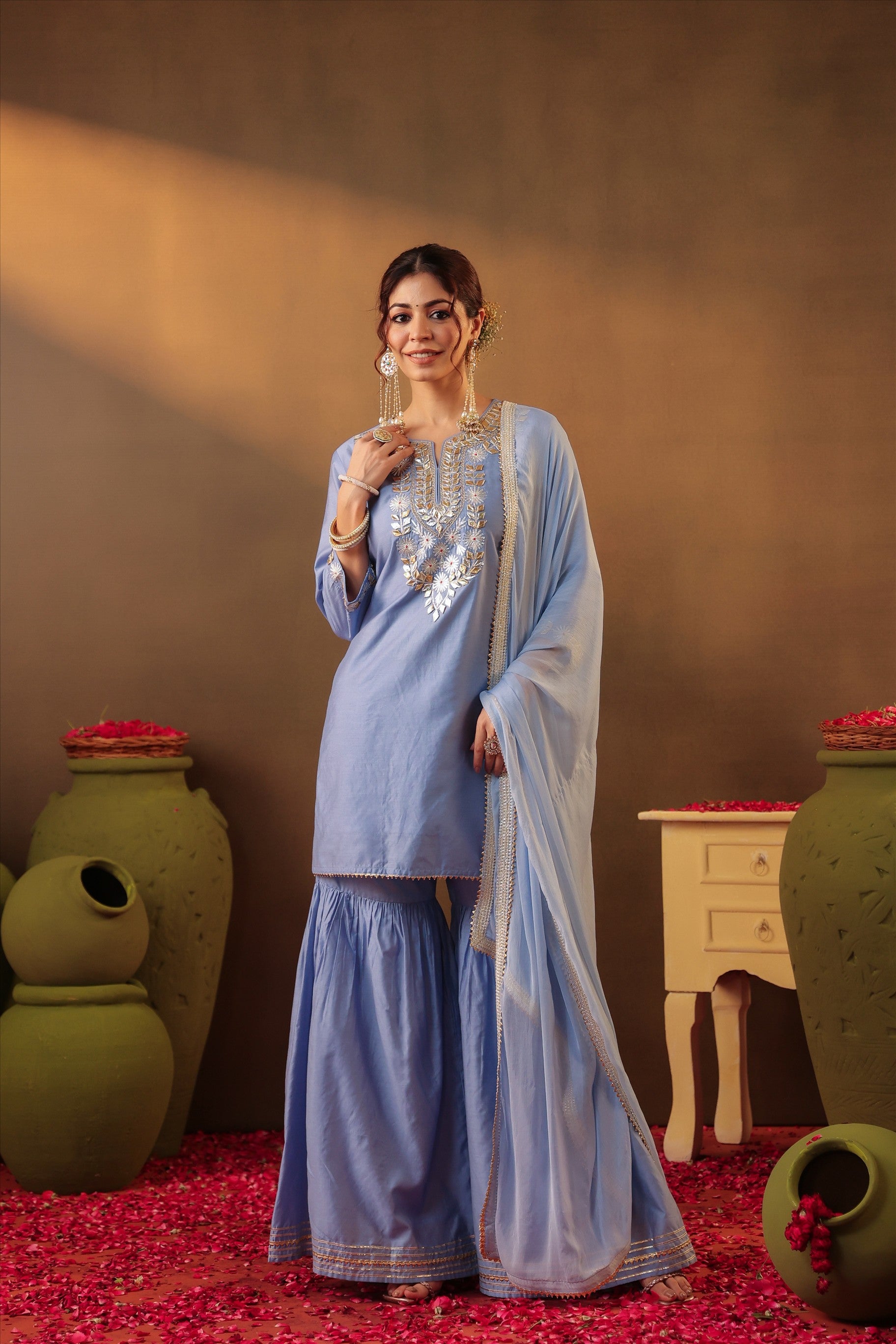 Powderblue Chanderi Silk Gota Work Sharara Set