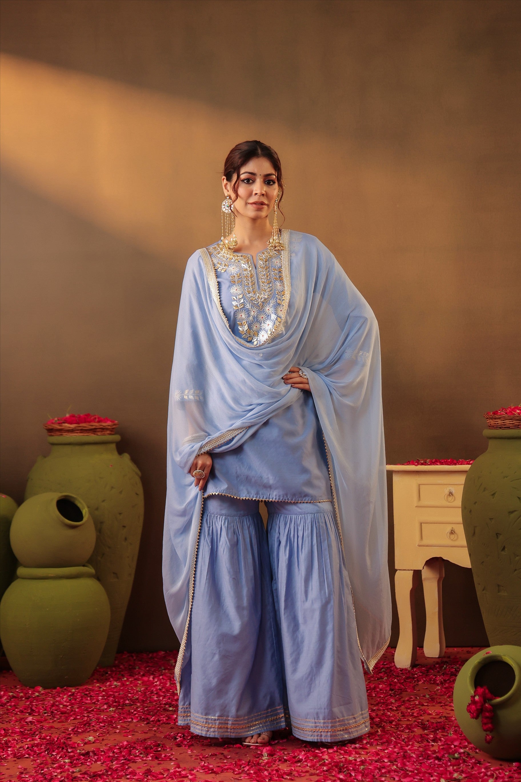 Powderblue Chanderi Silk Gota Work Sharara Set