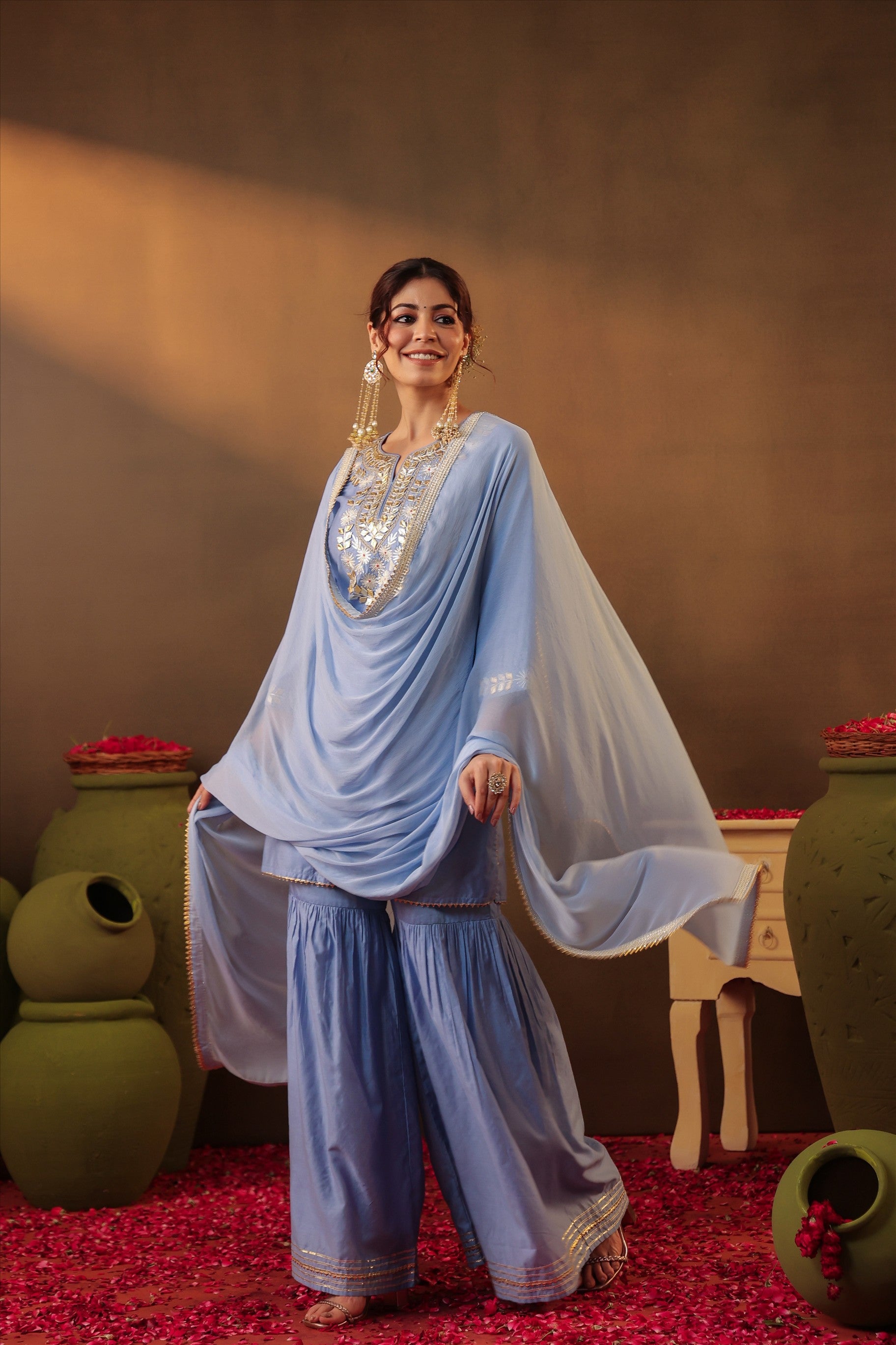 Powderblue Chanderi Silk Gota Work Sharara Set