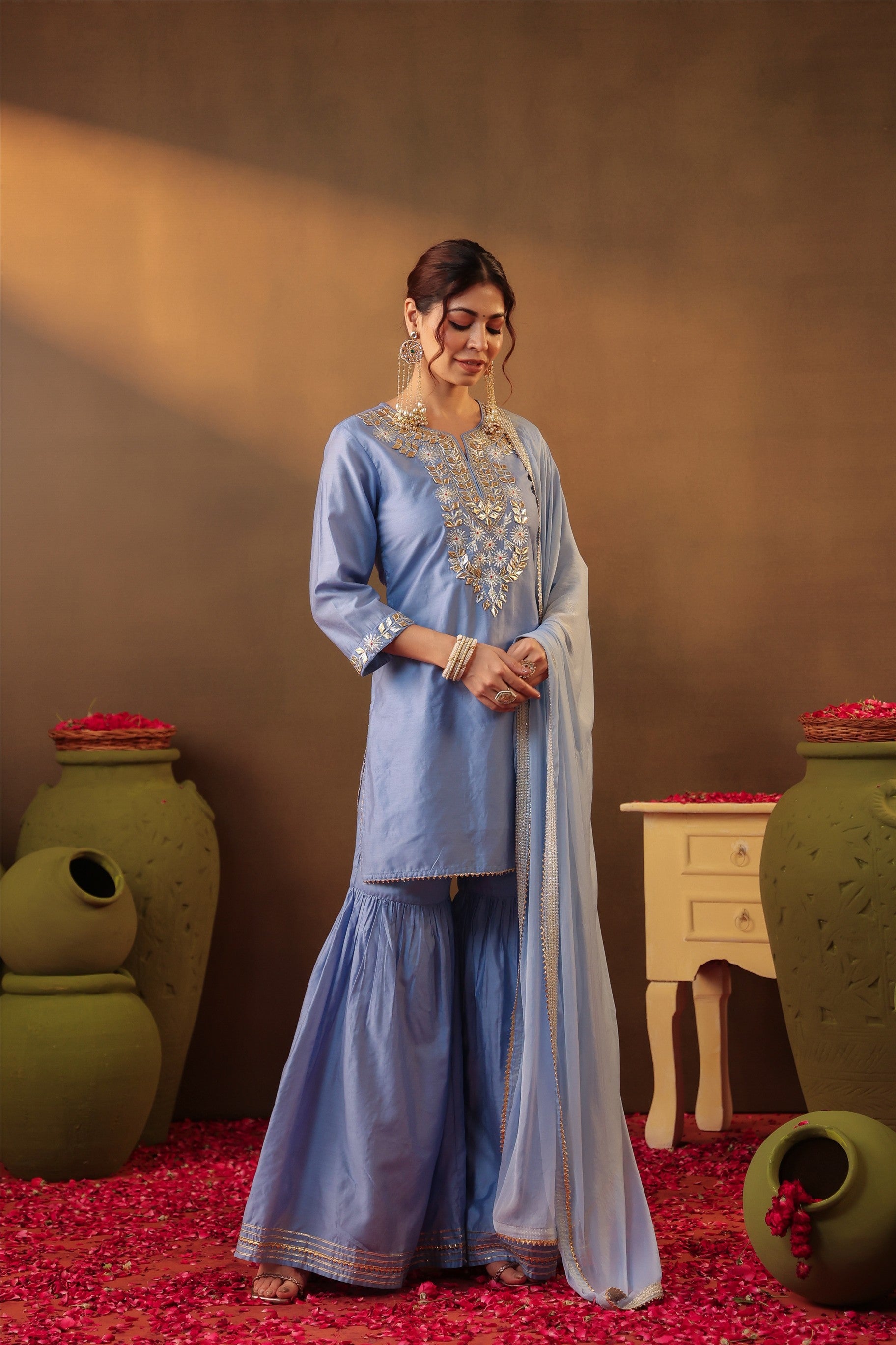 Powderblue Chanderi Silk Gota Work Sharara Set
