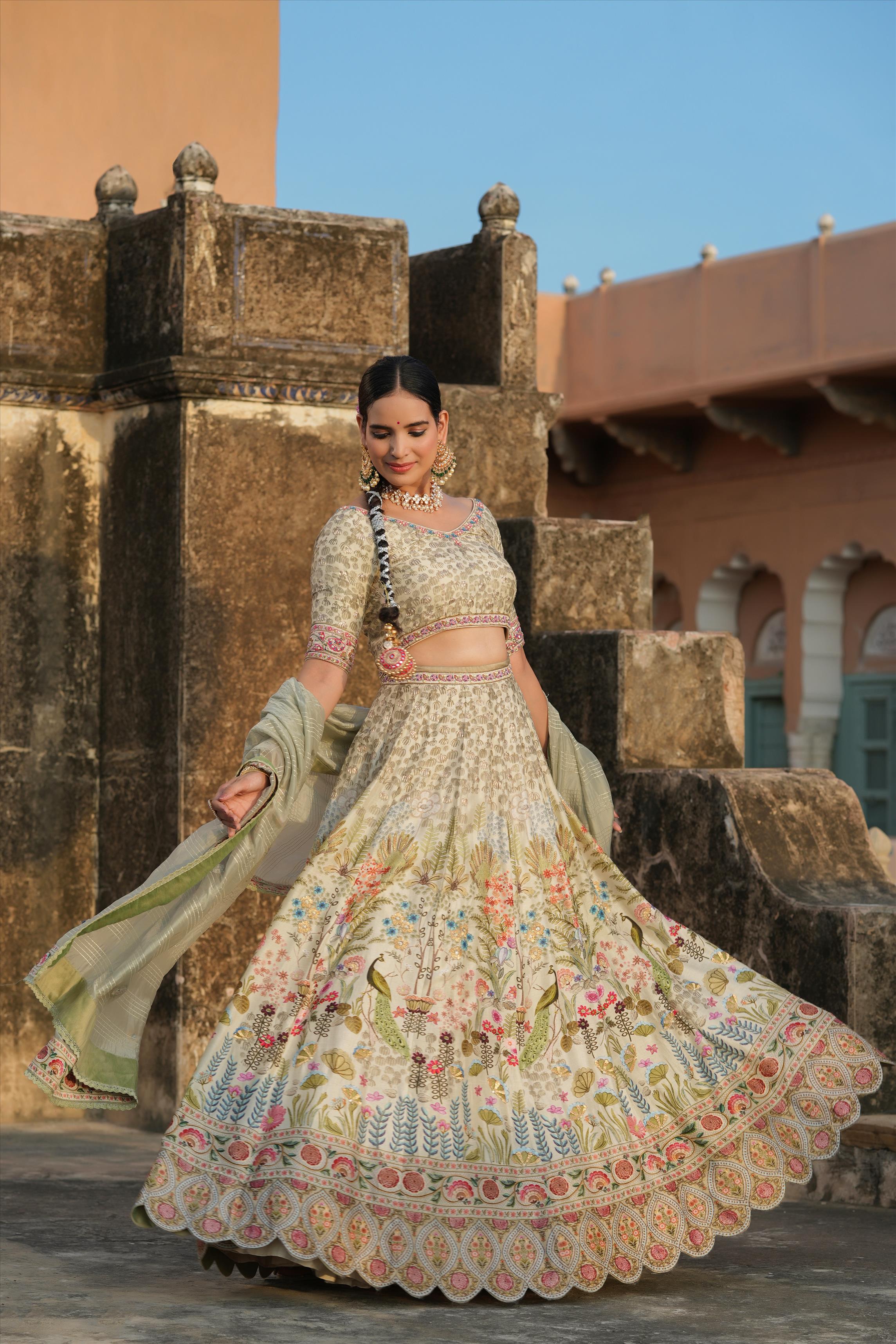 PISTAGREEN RAW SILK HAND PAINTED FLORAL PRINT WITH EMBROIDERY LEHENGA CHOLI SET WITH DUPATTA