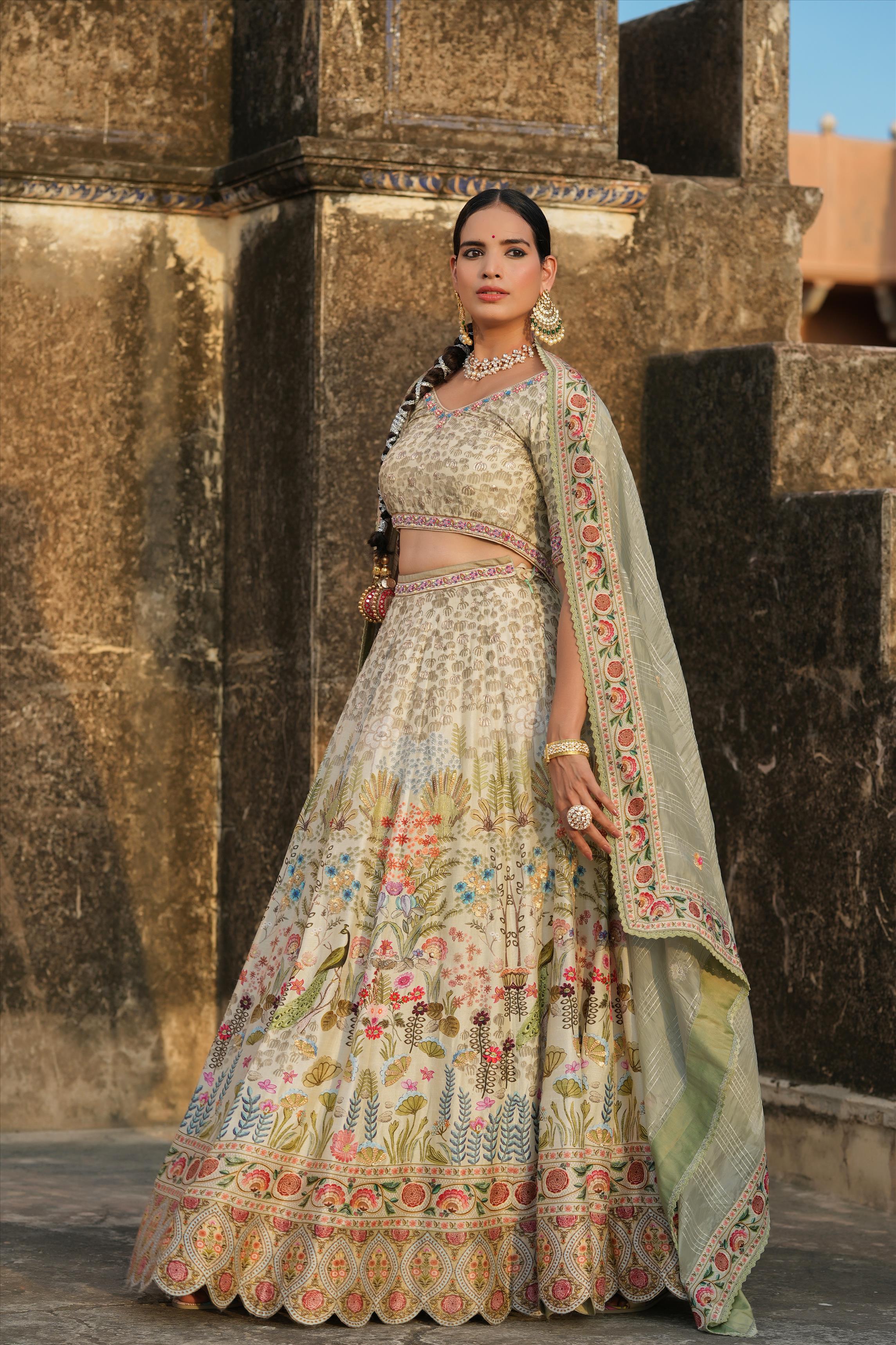 PISTAGREEN RAW SILK HAND PAINTED FLORAL PRINT WITH EMBROIDERY LEHENGA CHOLI SET WITH DUPATTA