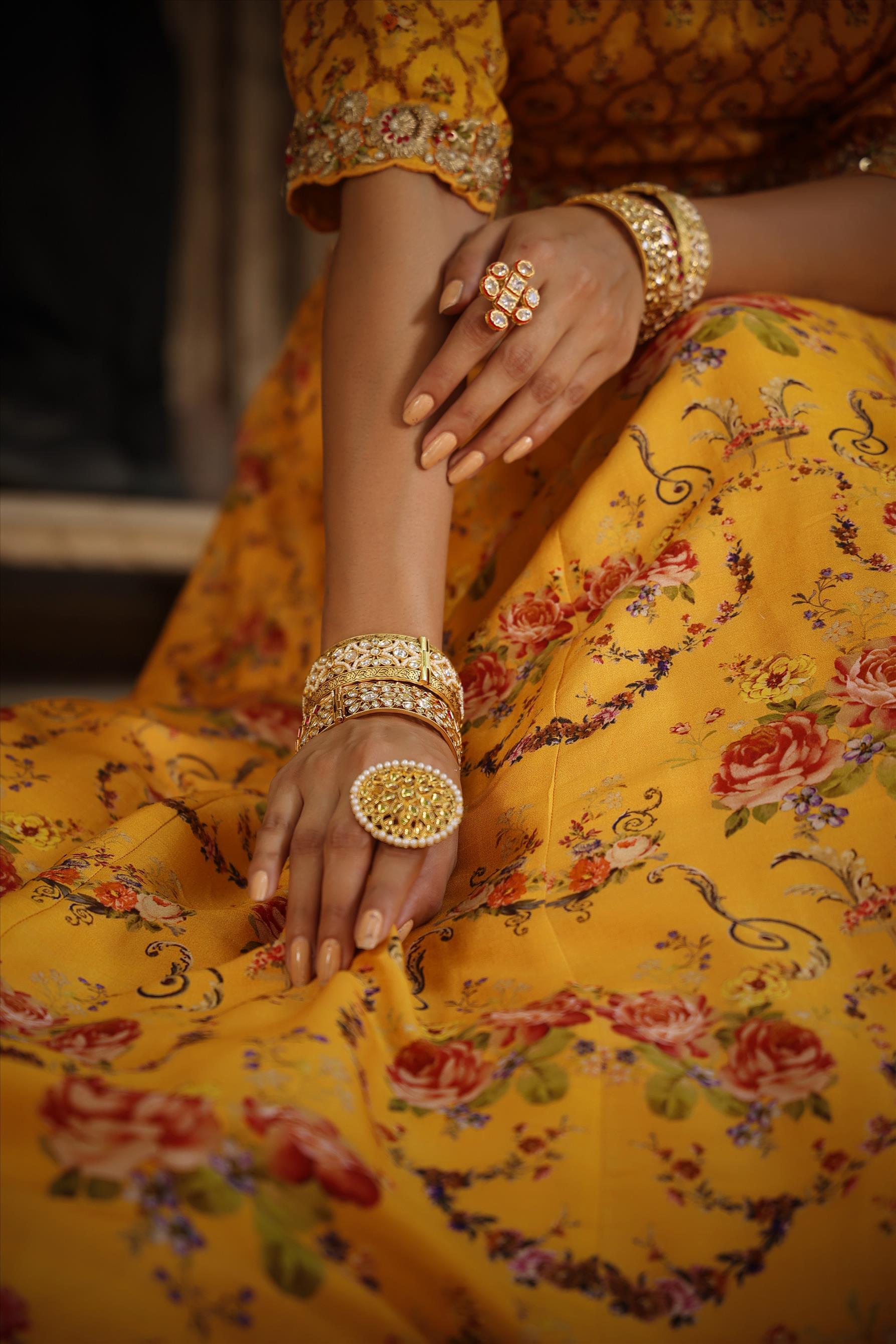 Mustard Raw Silk Floral Embroidered Lehenga Set