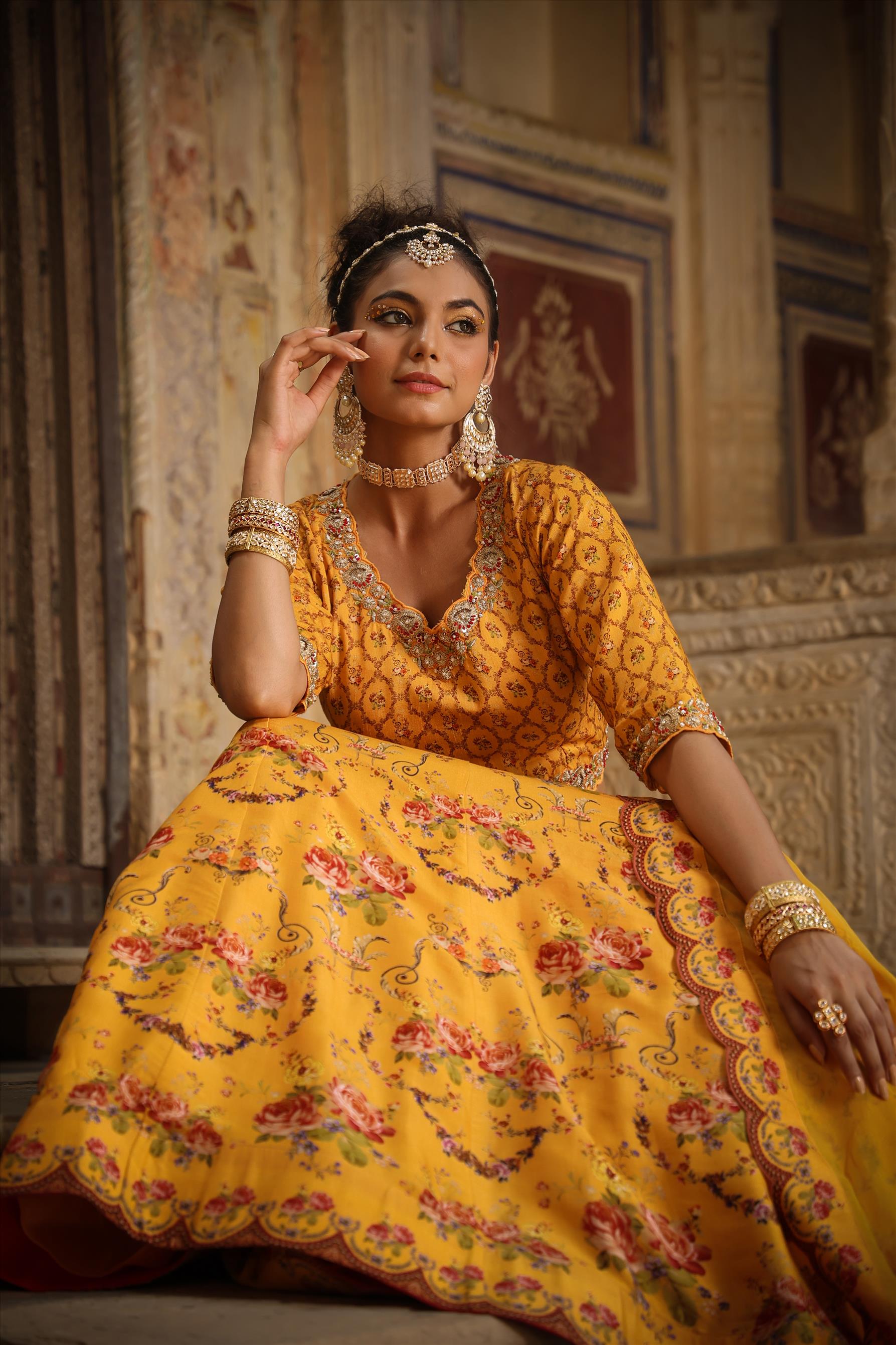 Mustard Raw Silk Floral Embroidered Lehenga Set