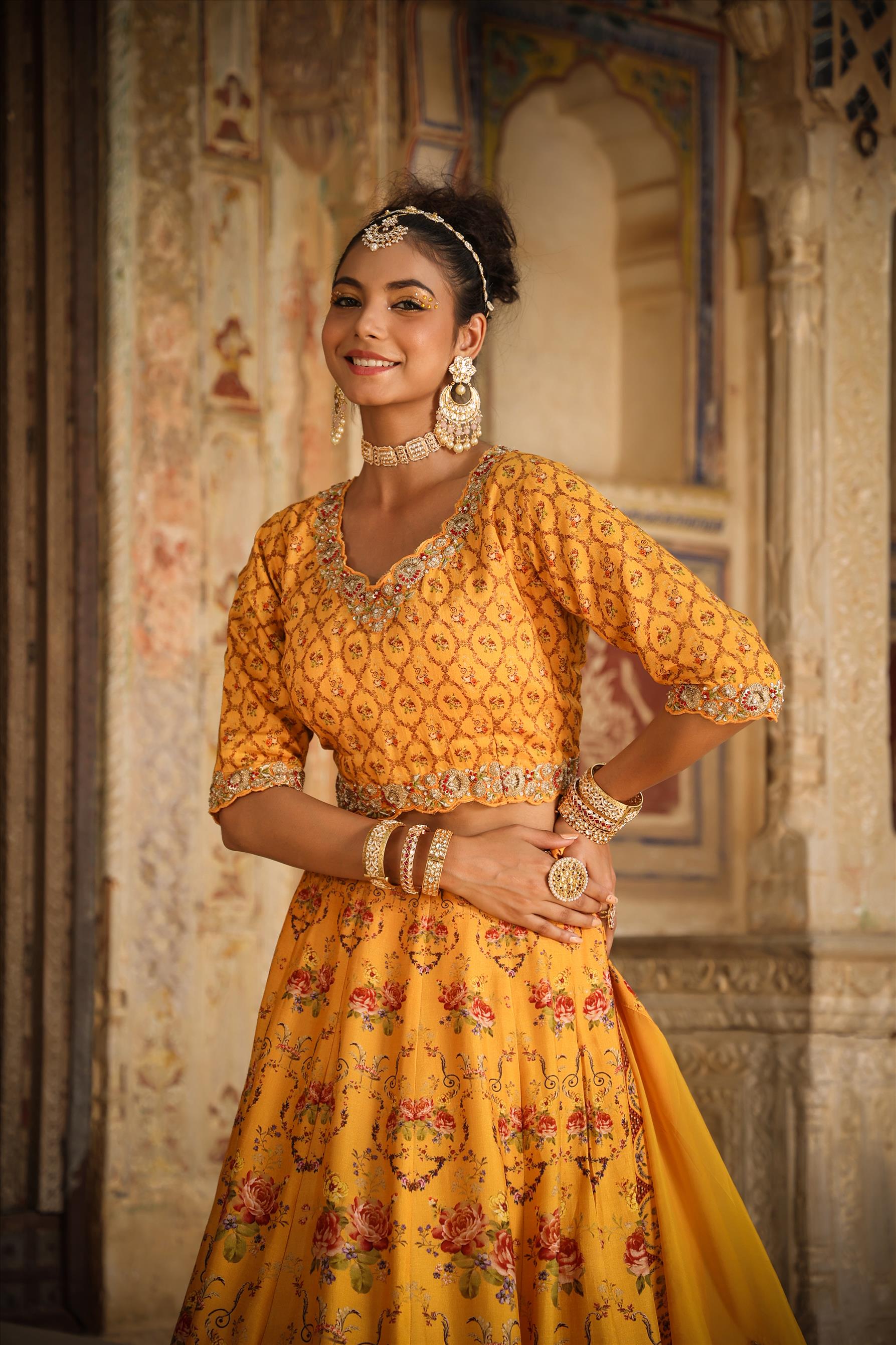 Mustard Raw Silk Floral Embroidered Lehenga Set