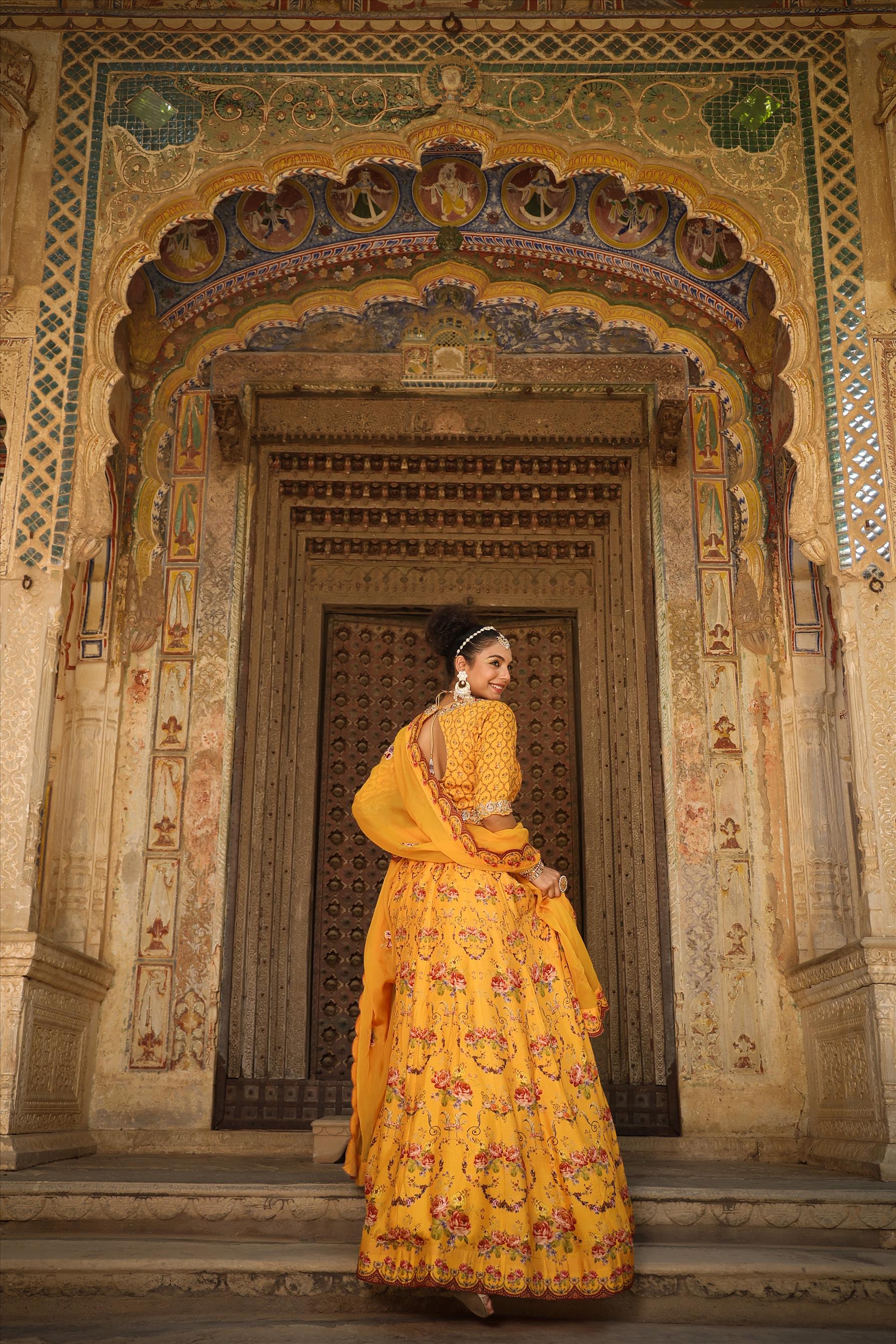 Mustard Raw Silk Floral Embroidered Lehenga Set