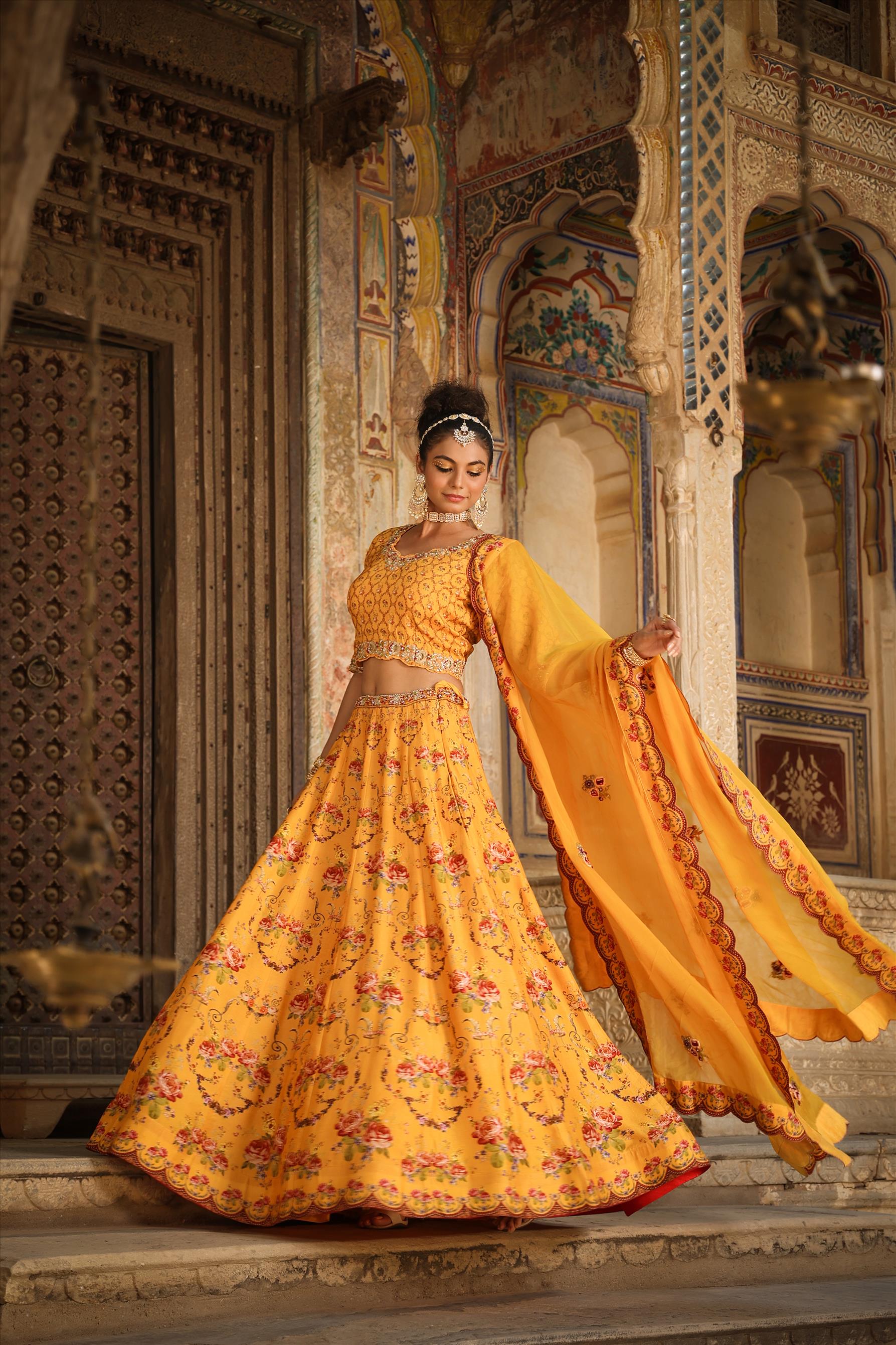 Mustard Raw Silk Floral Embroidered Lehenga Set