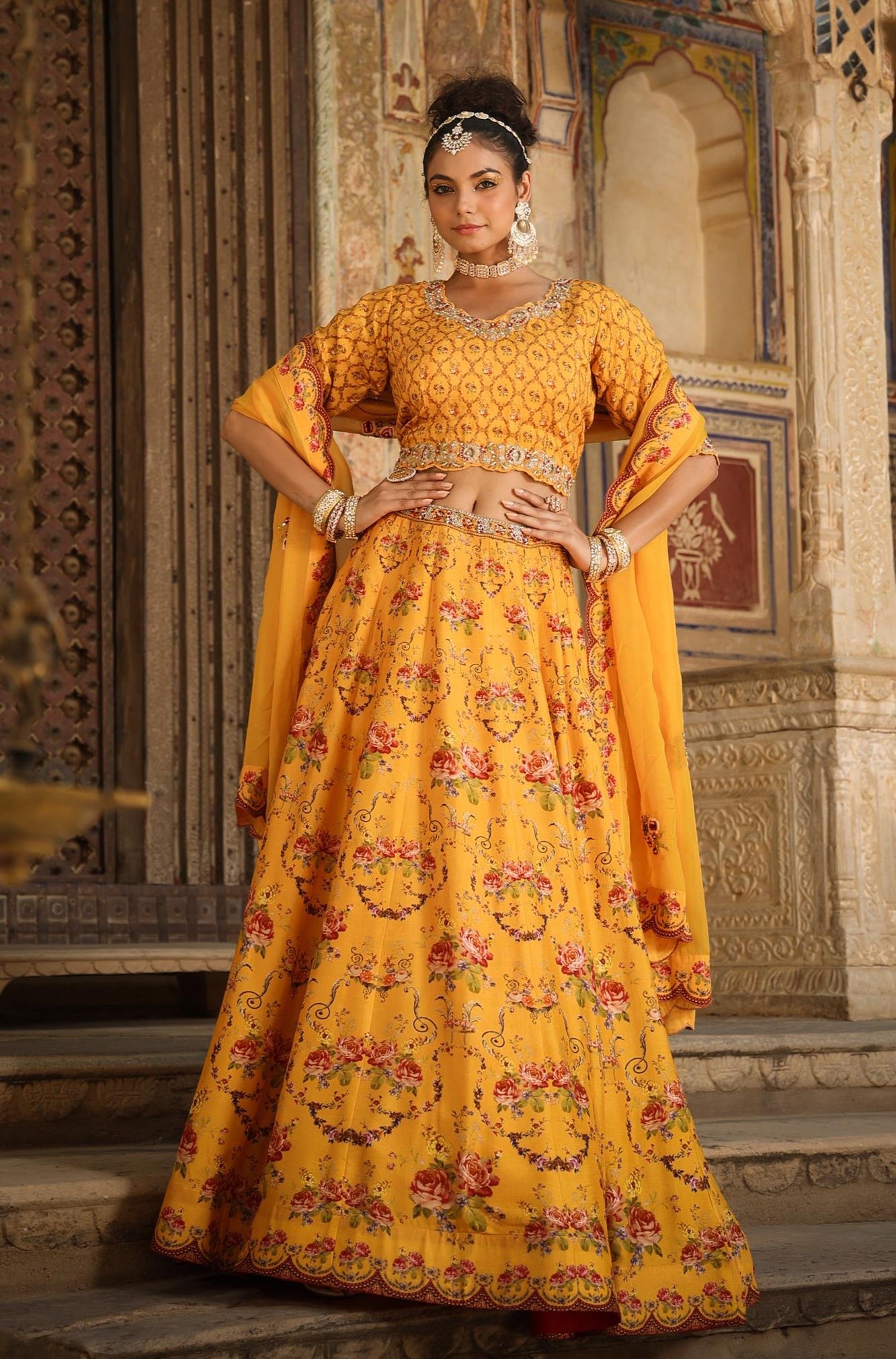 Mustard Raw Silk Floral Embroidered Lehenga Set