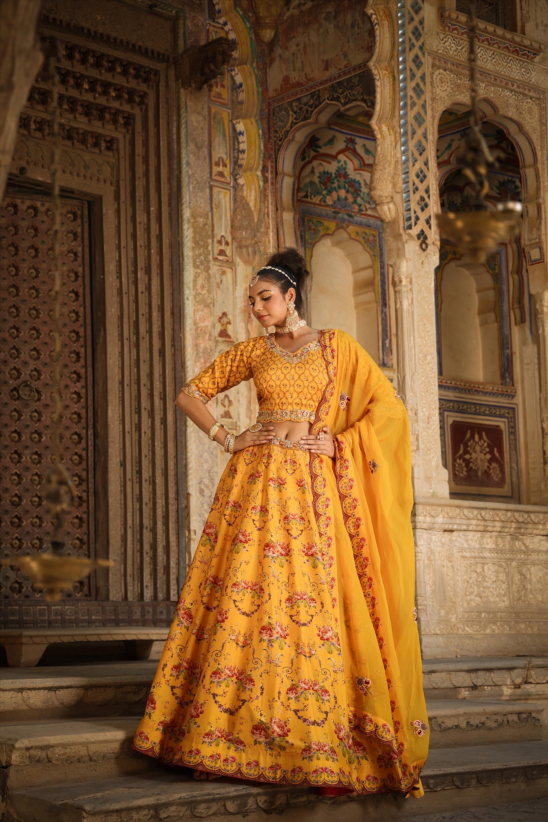 Mustard Raw Silk Floral Embroidered Lehenga Set