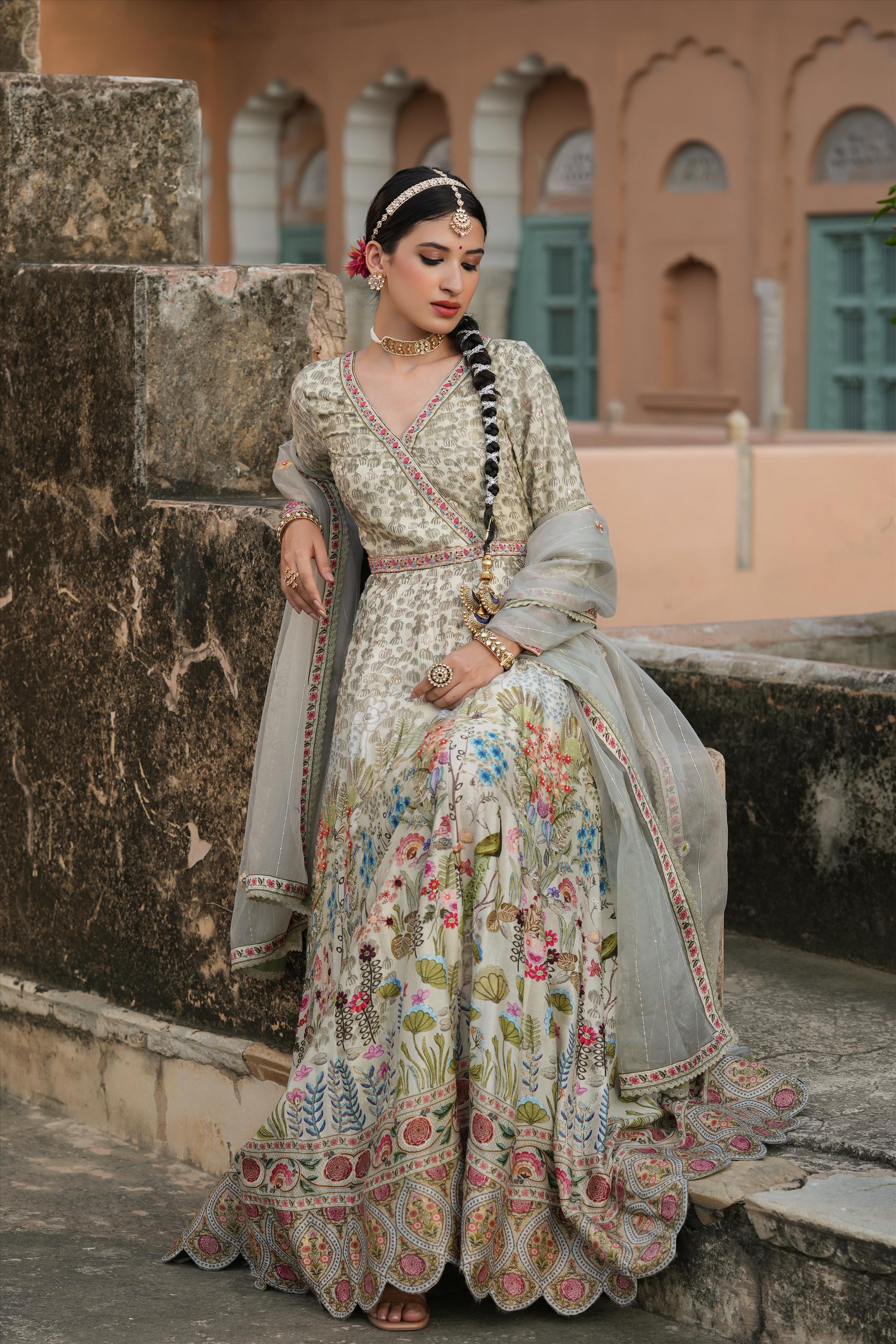PISTAGREEN RAW SILK HAND PAINTED FLORAL PRINT ANGRAKHA SHAPE ANARKALI GOWN WITH ORGANZA DUPATTA
