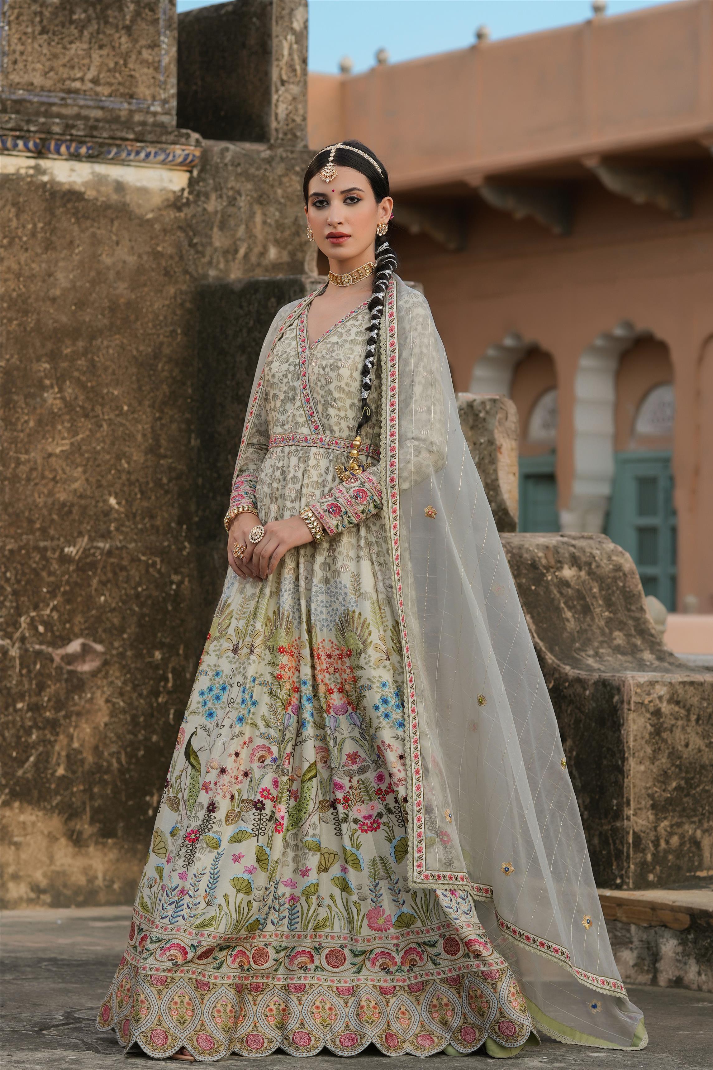PISTAGREEN RAW SILK HAND PAINTED FLORAL PRINT ANGRAKHA SHAPE ANARKALI GOWN WITH ORGANZA DUPATTA