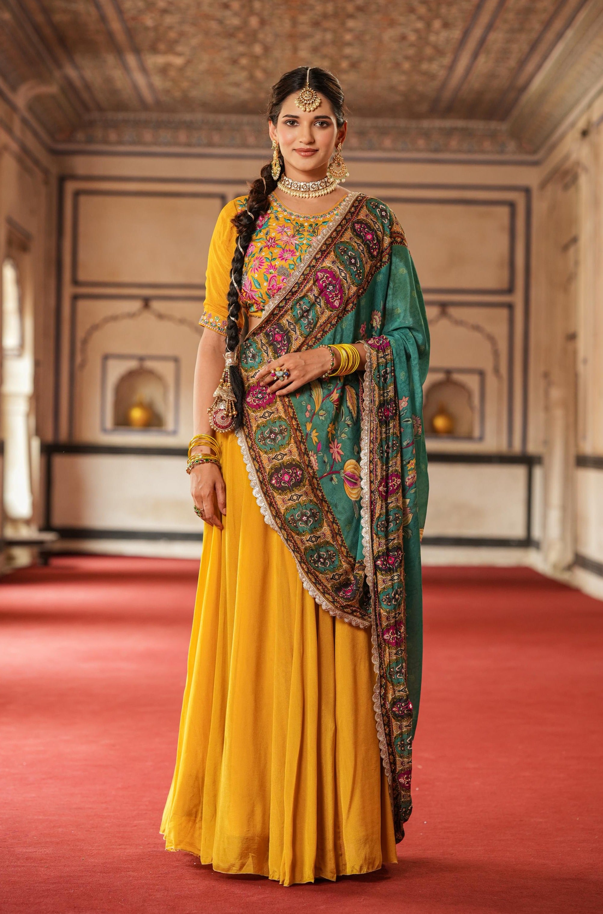 Bright-Green Printed Lehenga with All Embroidered Orange Choli with Printed  Dupatta | Exotic India Art