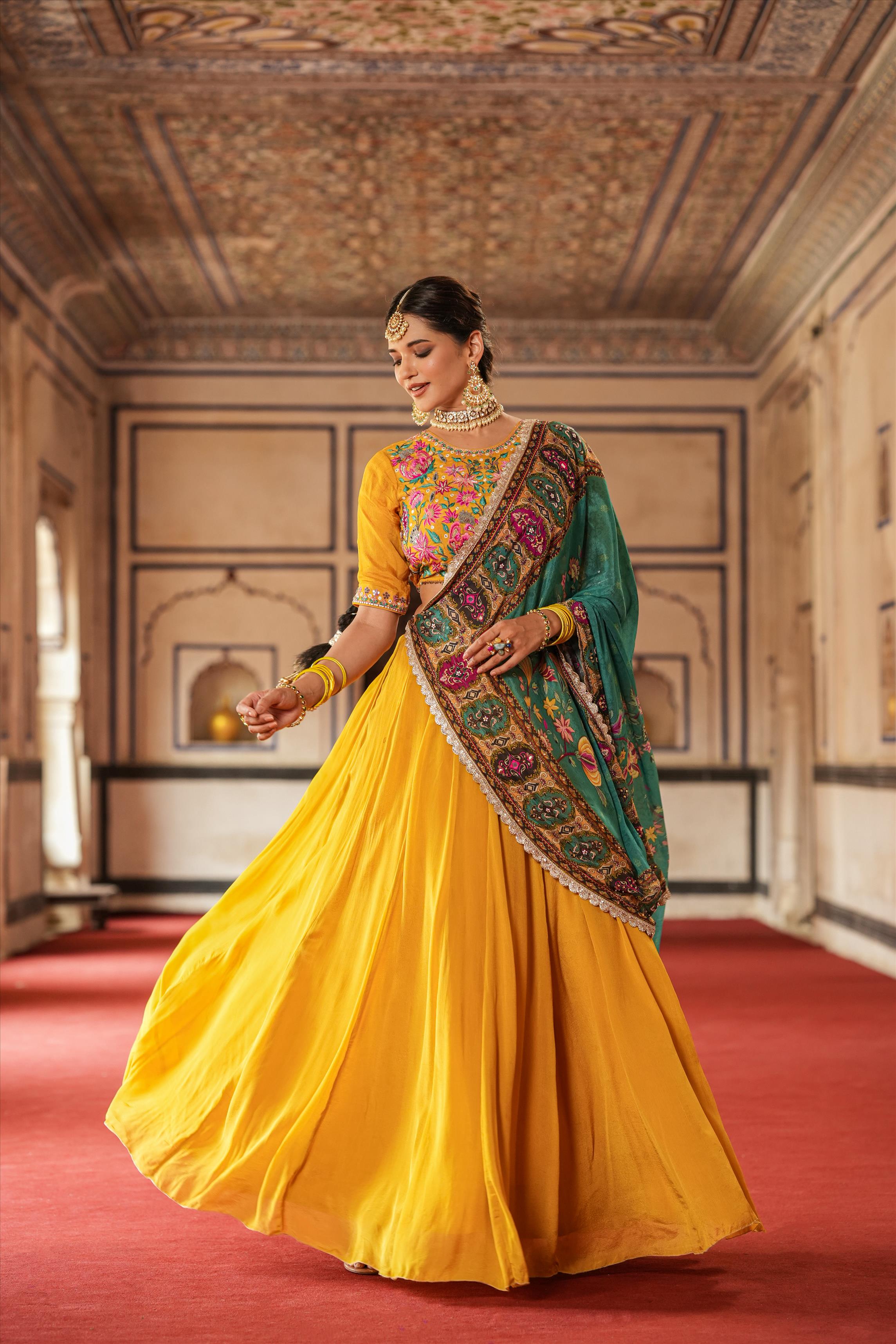 Green and Yellow Color Combination Wedding Collection Lehenga Choli With Red  Dupatta :: ANOKHI FASHION