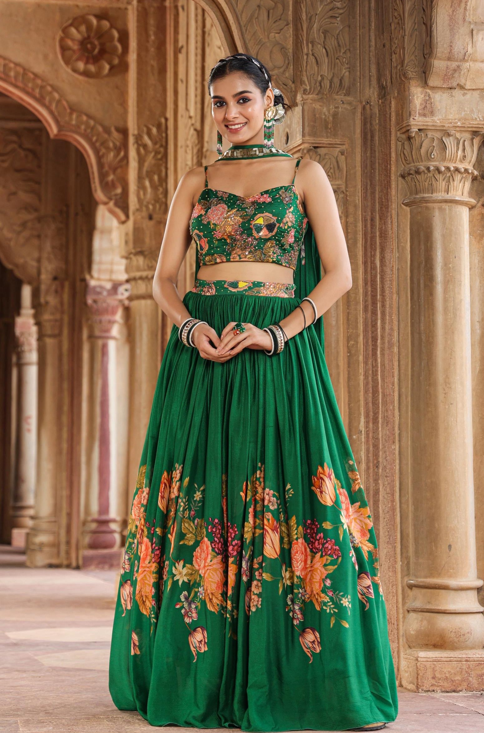 Green Chinon Silk Floral Print & Embellished Lehenga Choli With Choker Dupatta