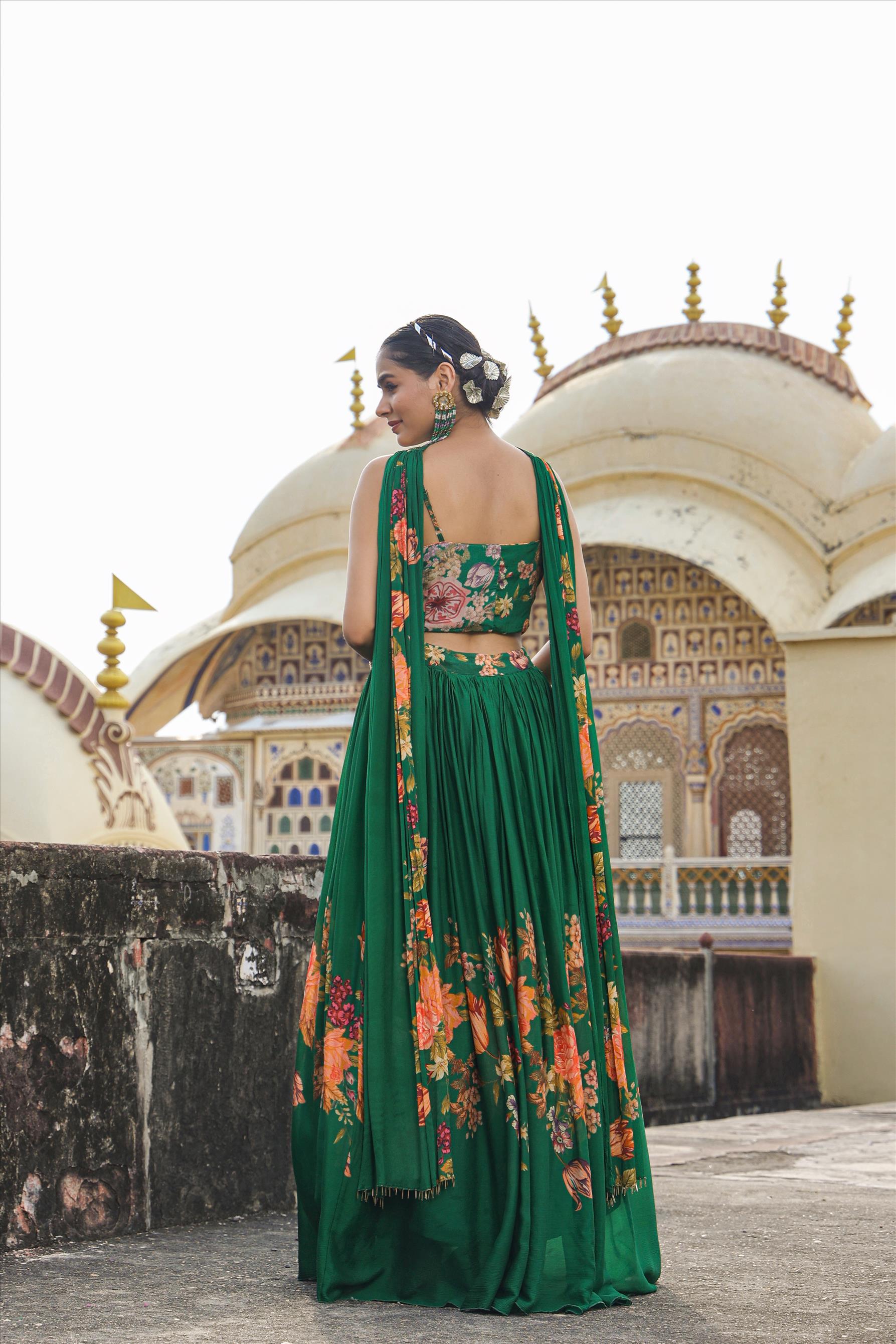 Green Chinon Silk Floral Print & Embellished Lehenga Choli With Choker Dupatta