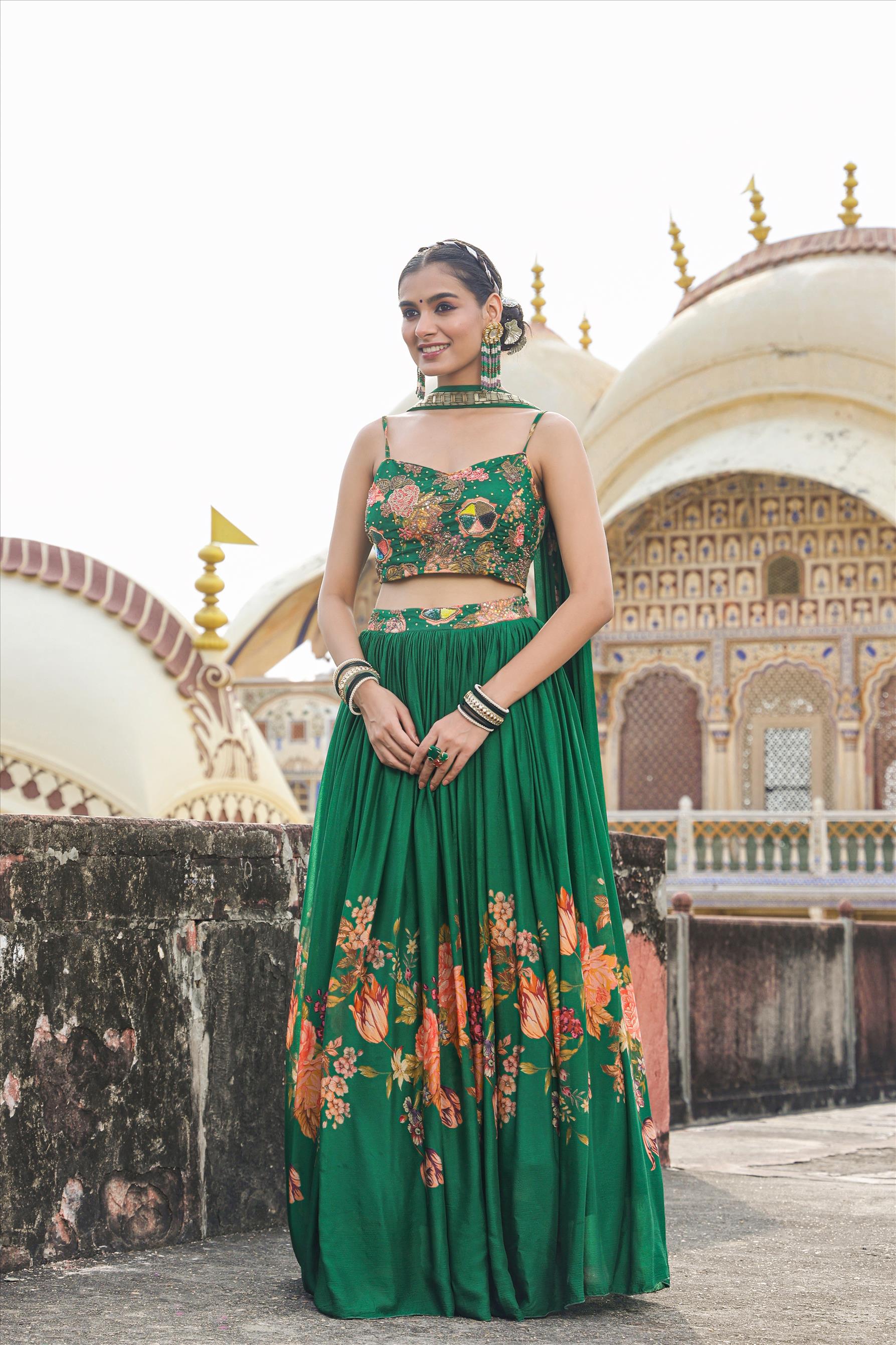 Green Chinon Silk Floral Printed & Embellished Lehenga Set