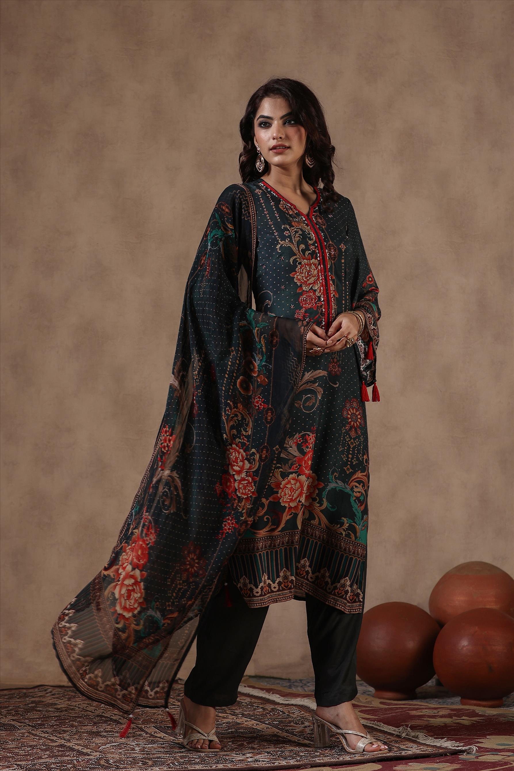 Jadegreen Muslin Silk Floral Print Pakistani Suit Set