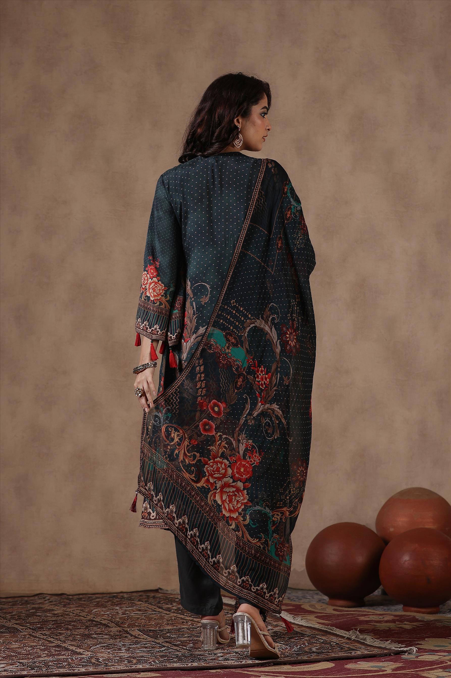 Jadegreen Muslin Silk Floral Print Pakistani Suit Set