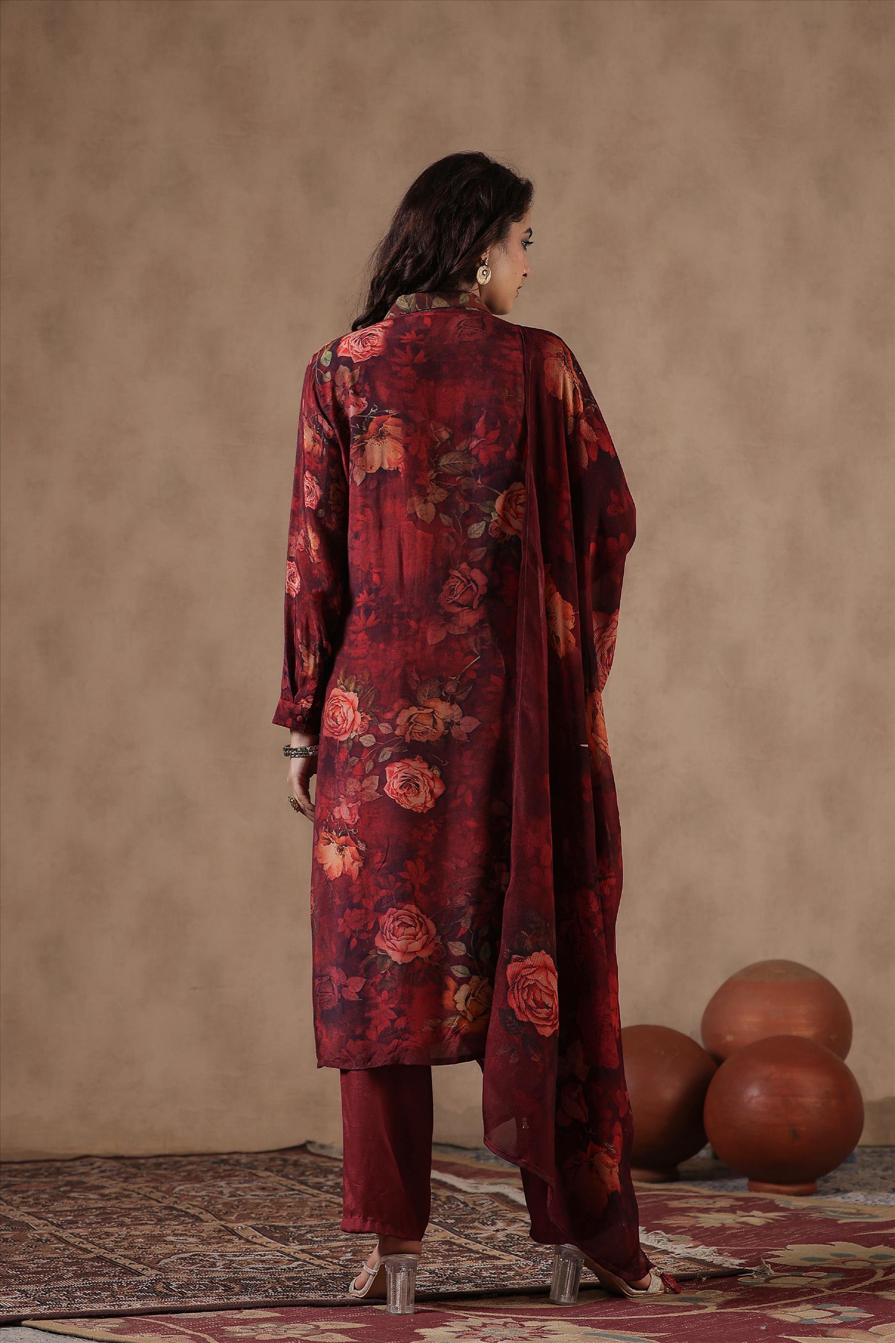 Maroon Muslin Silk Floral Print Pathani Suit Set