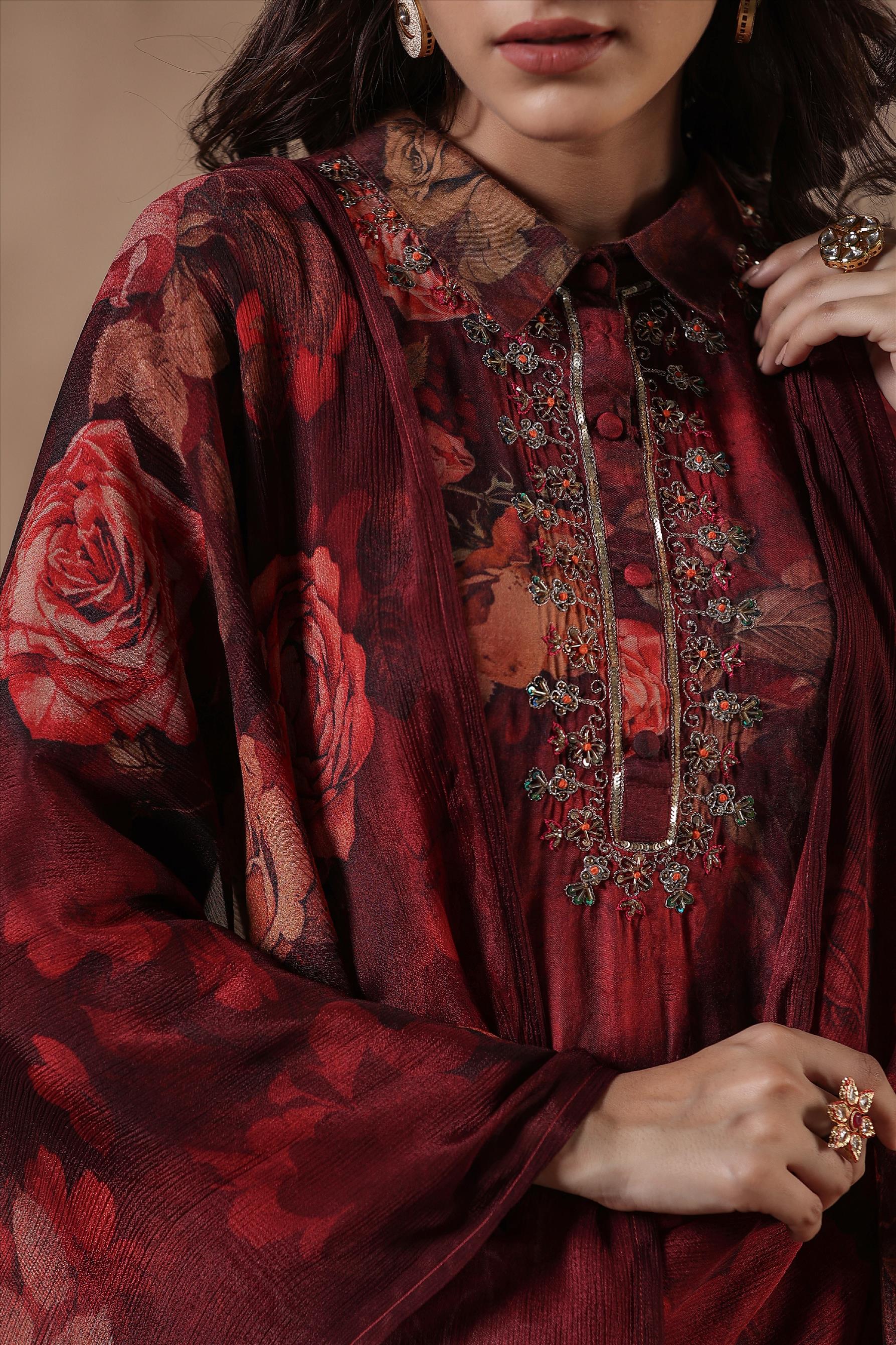 Maroon Muslin Silk Floral Printed Pathani Suit Set
