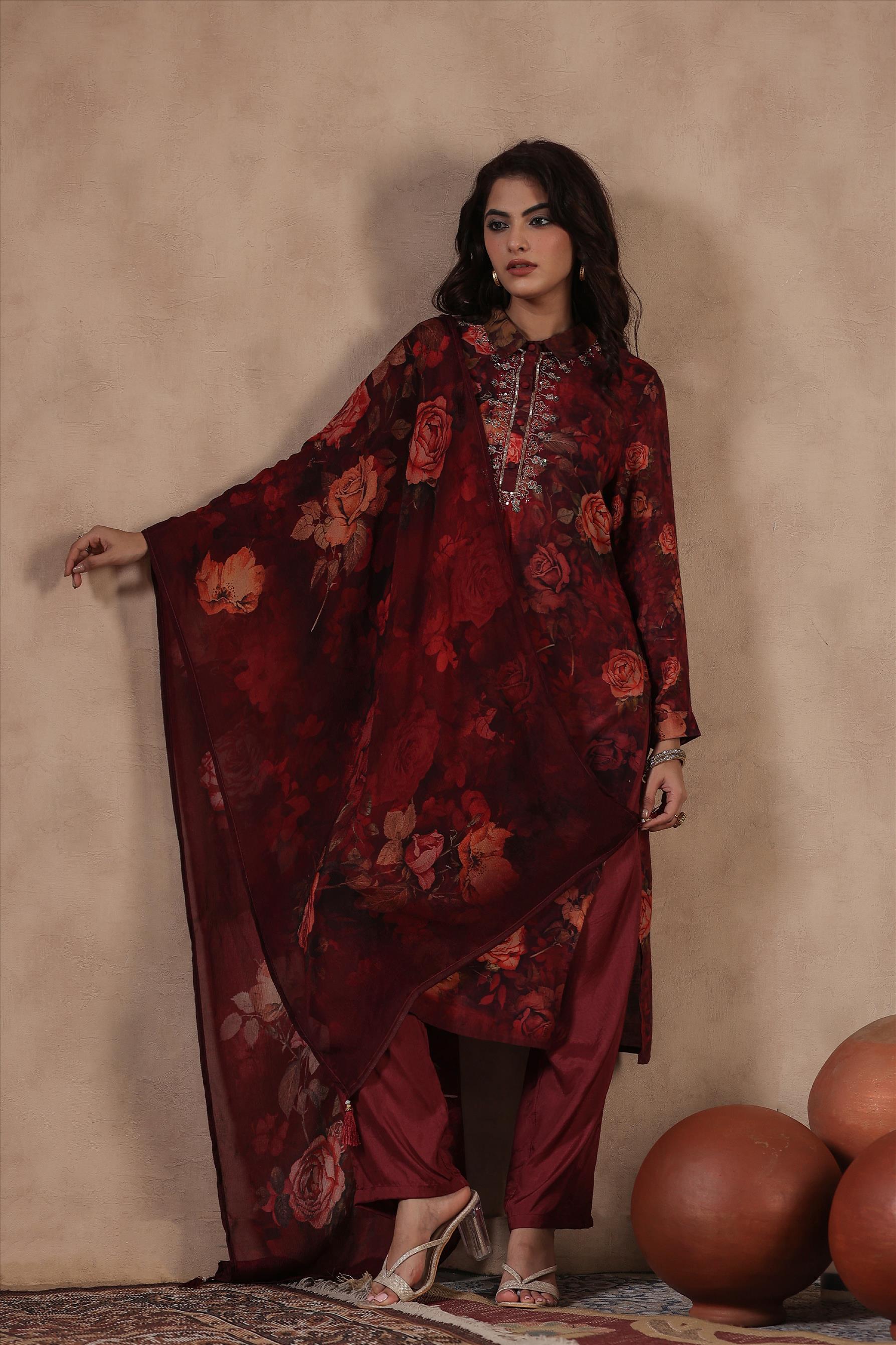 Maroon Muslin Silk Floral Print Pathani Suit Set