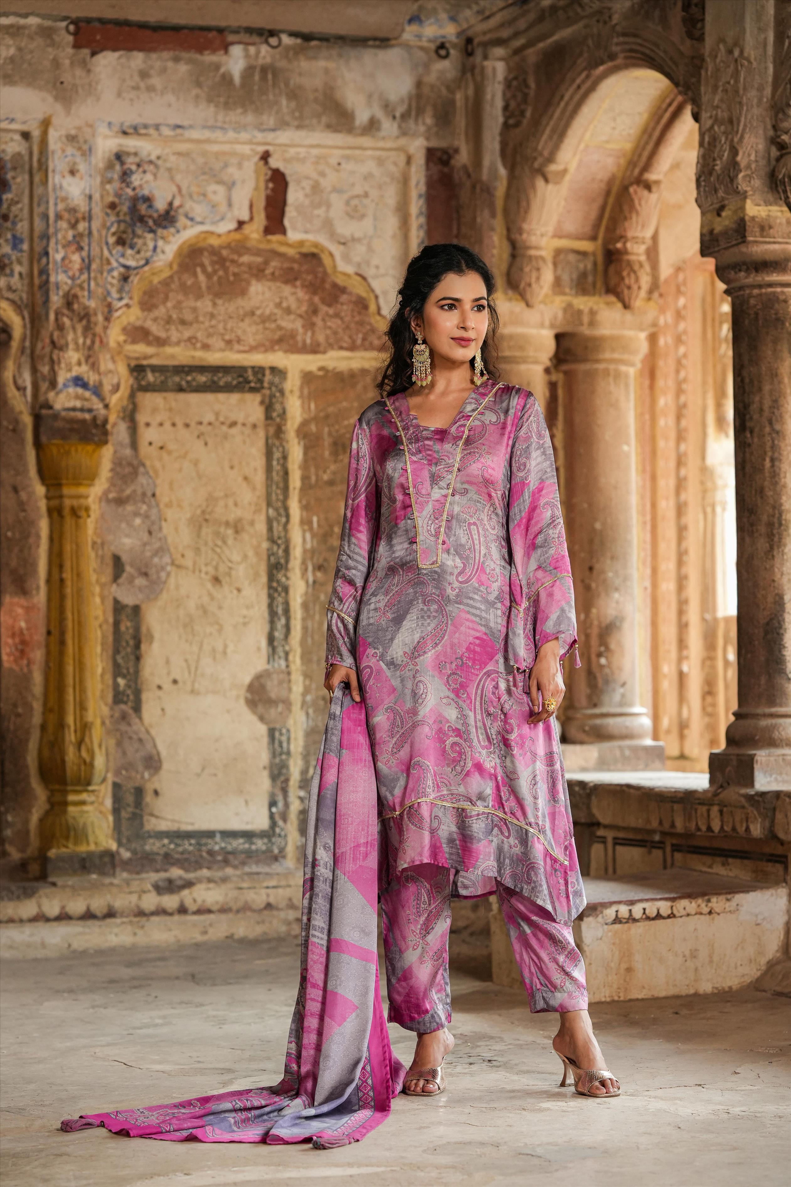 Pink Satin Paisley Print Pakistani Suit Set