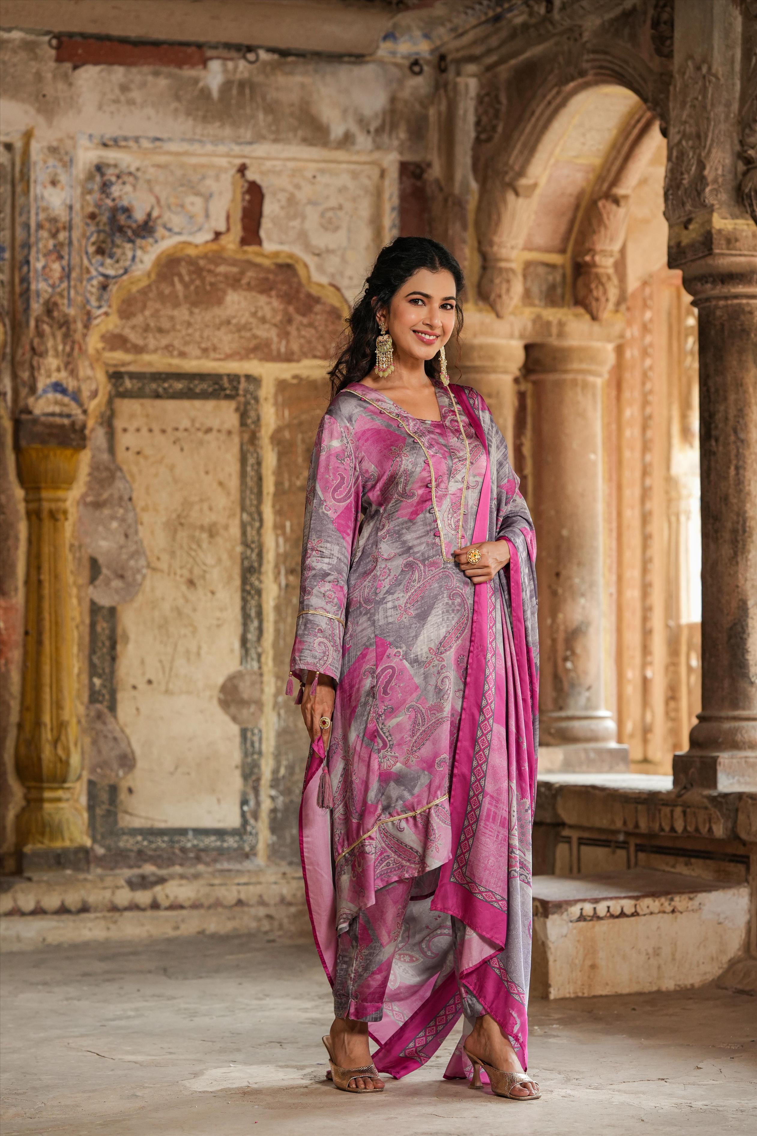 Pink Satin Paisley Print Pakistani Suit Set