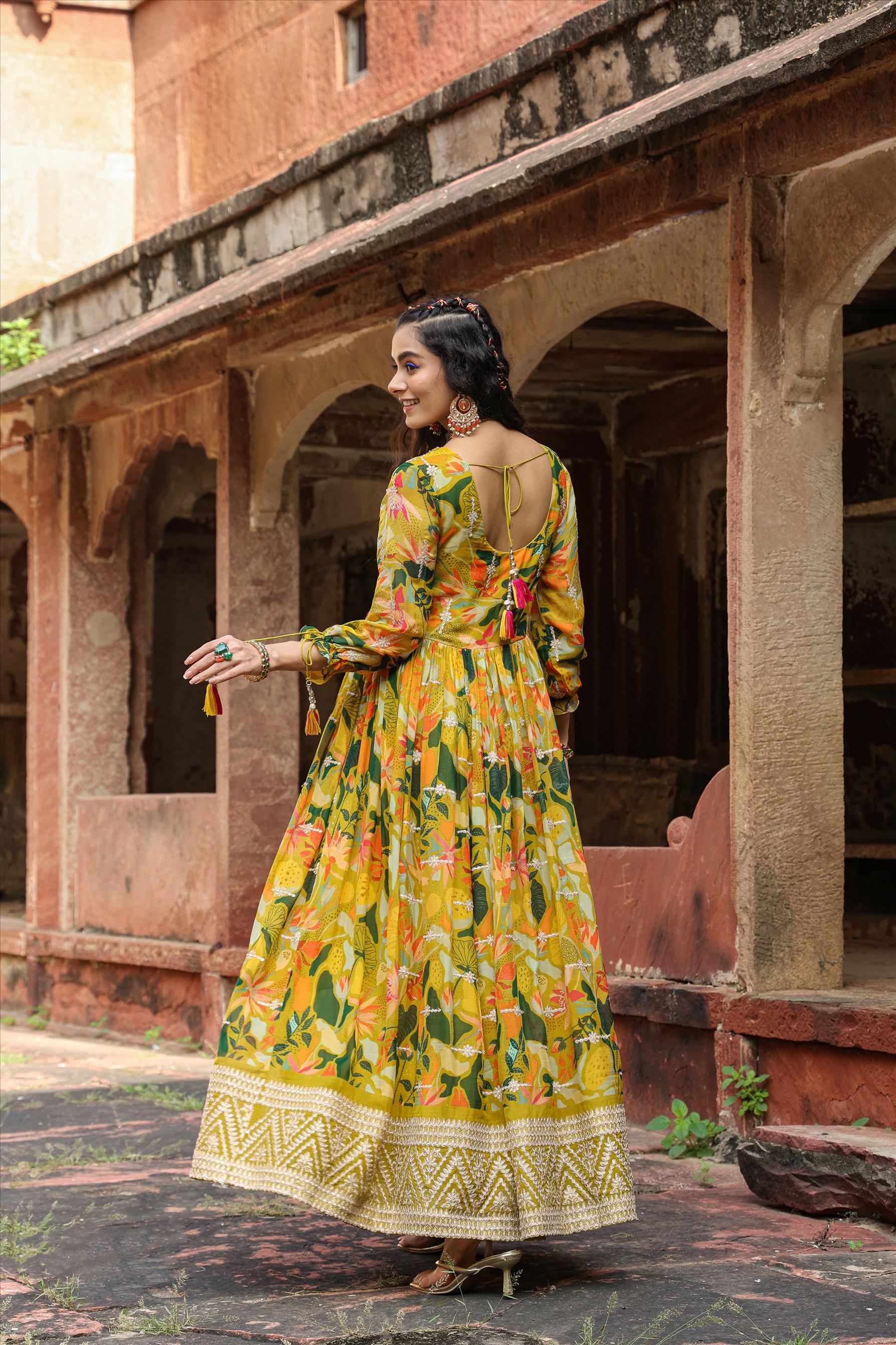 Lime green Organza Floral Print & Gota Work Gathered Angrakha Gown