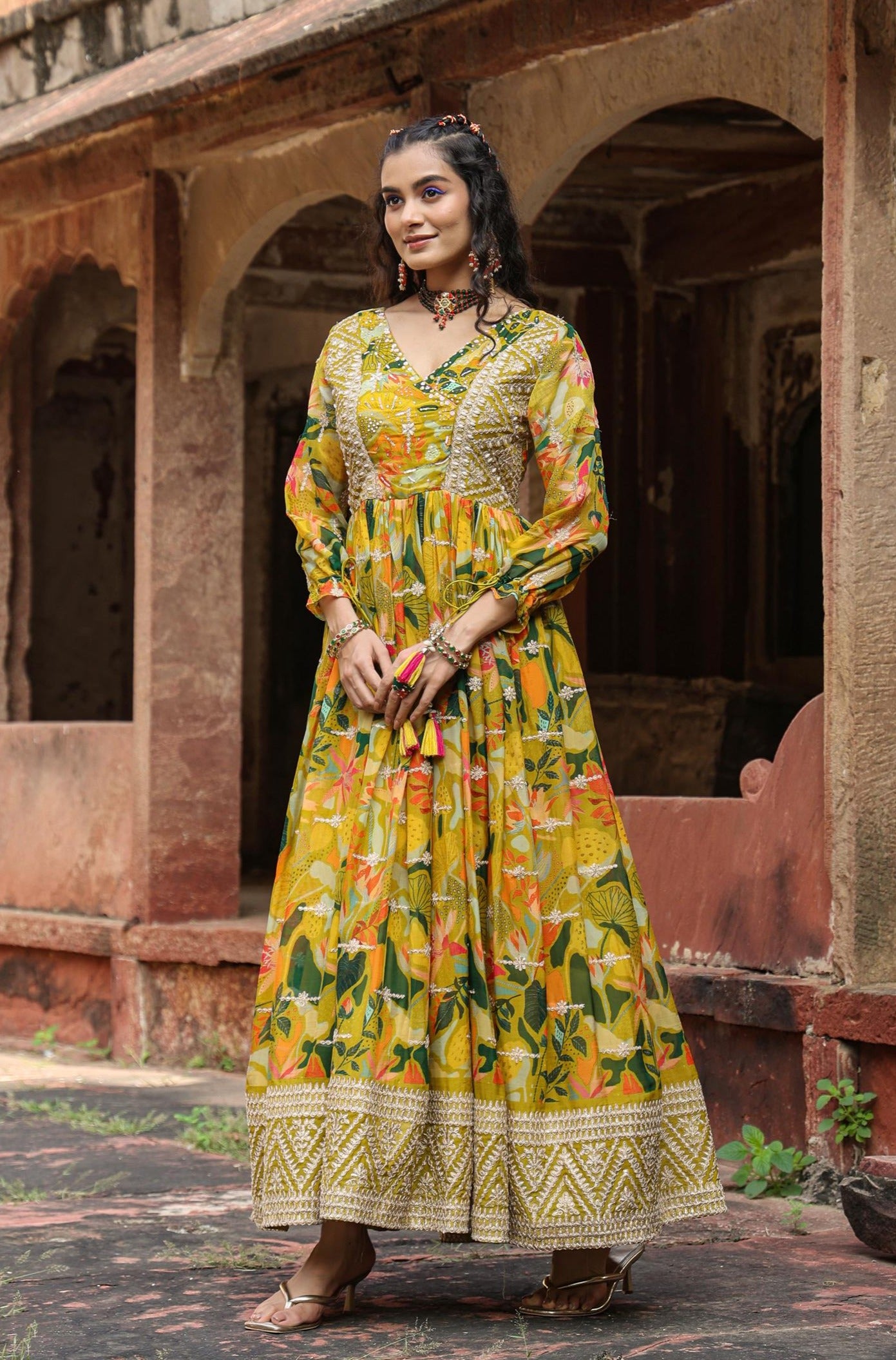 Lime green Organza Floral Print & Gota Work Gathered Angrakha Gown