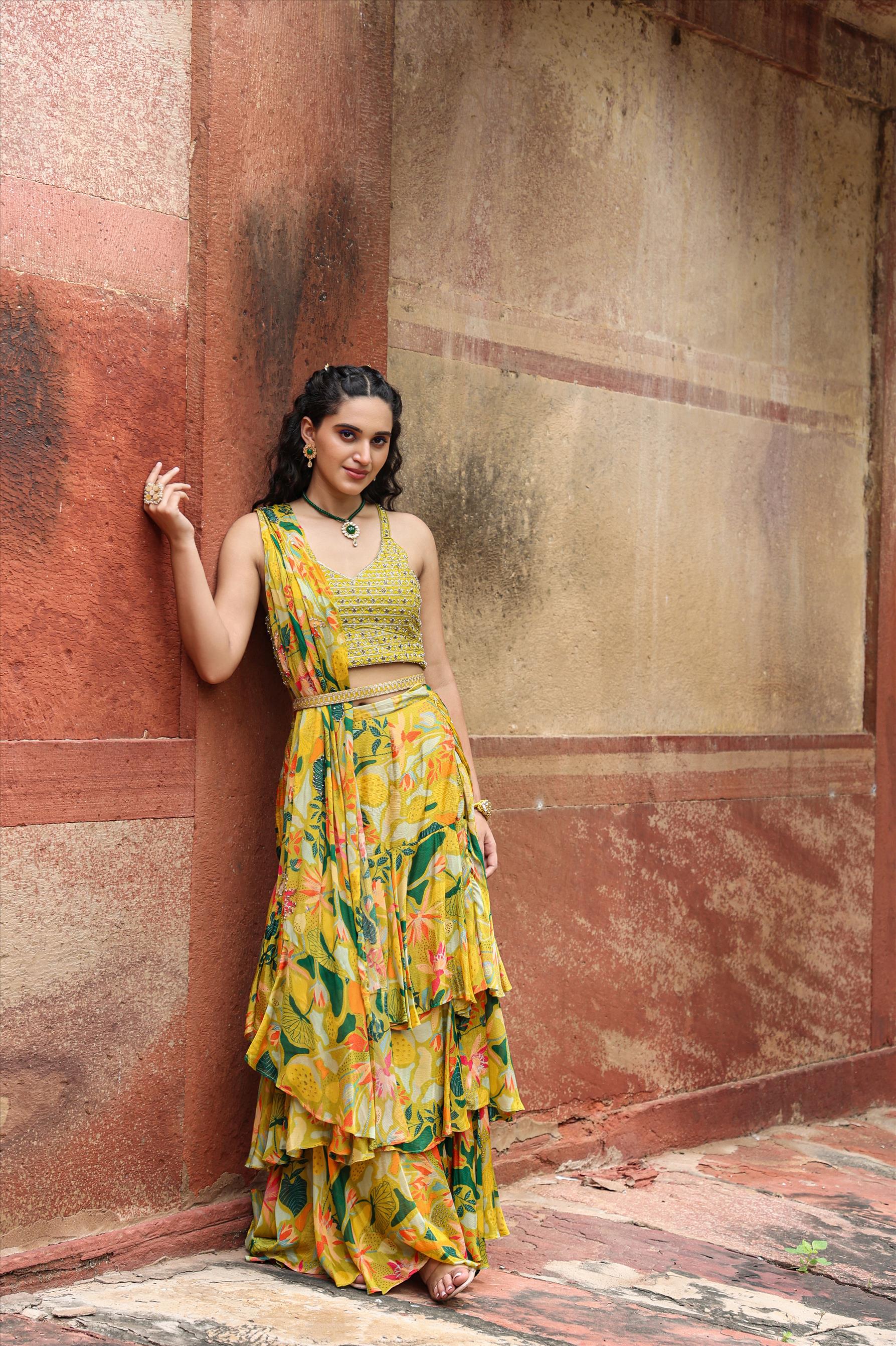 Green Chinon Silk Floral Pre Draped Layered Saree With Belt