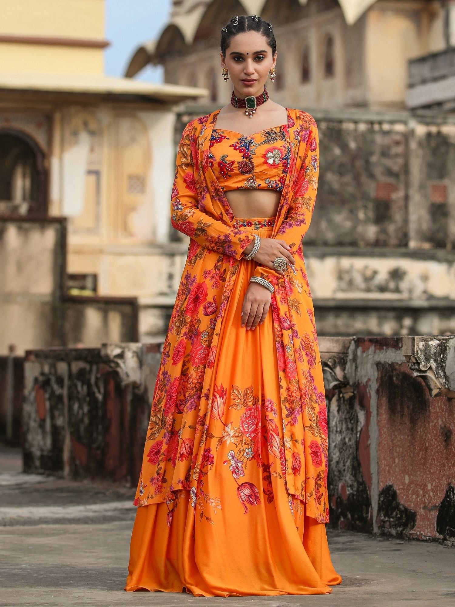 Orange Chinon Silk Floral Print & Embellished Lehenga Choli With Cape Set