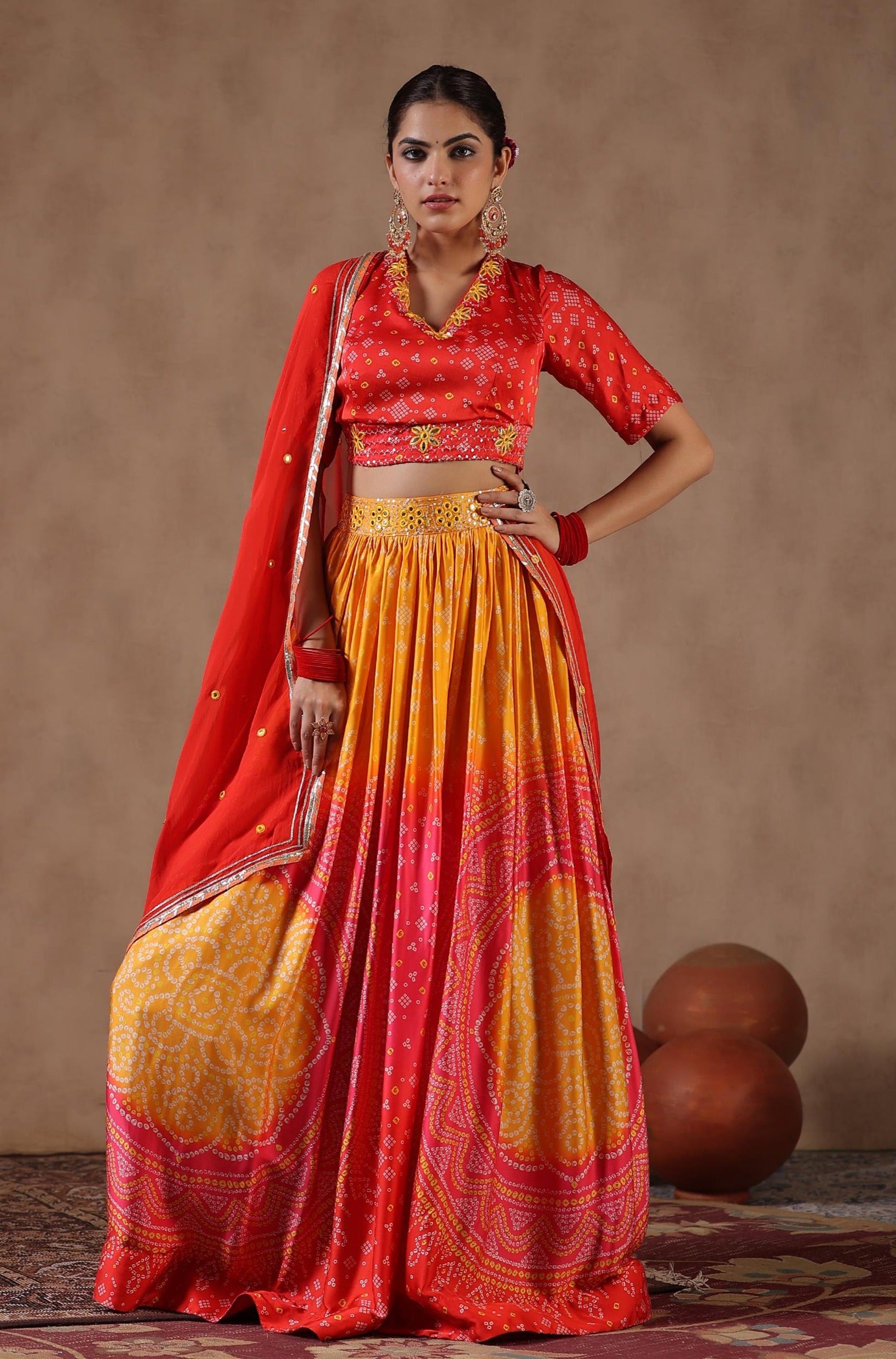 Buy Orange Dupatta Organza V Neck Embroidered Bridal Lehenga Set For Women  by Mishru Online at Aza Fashions.