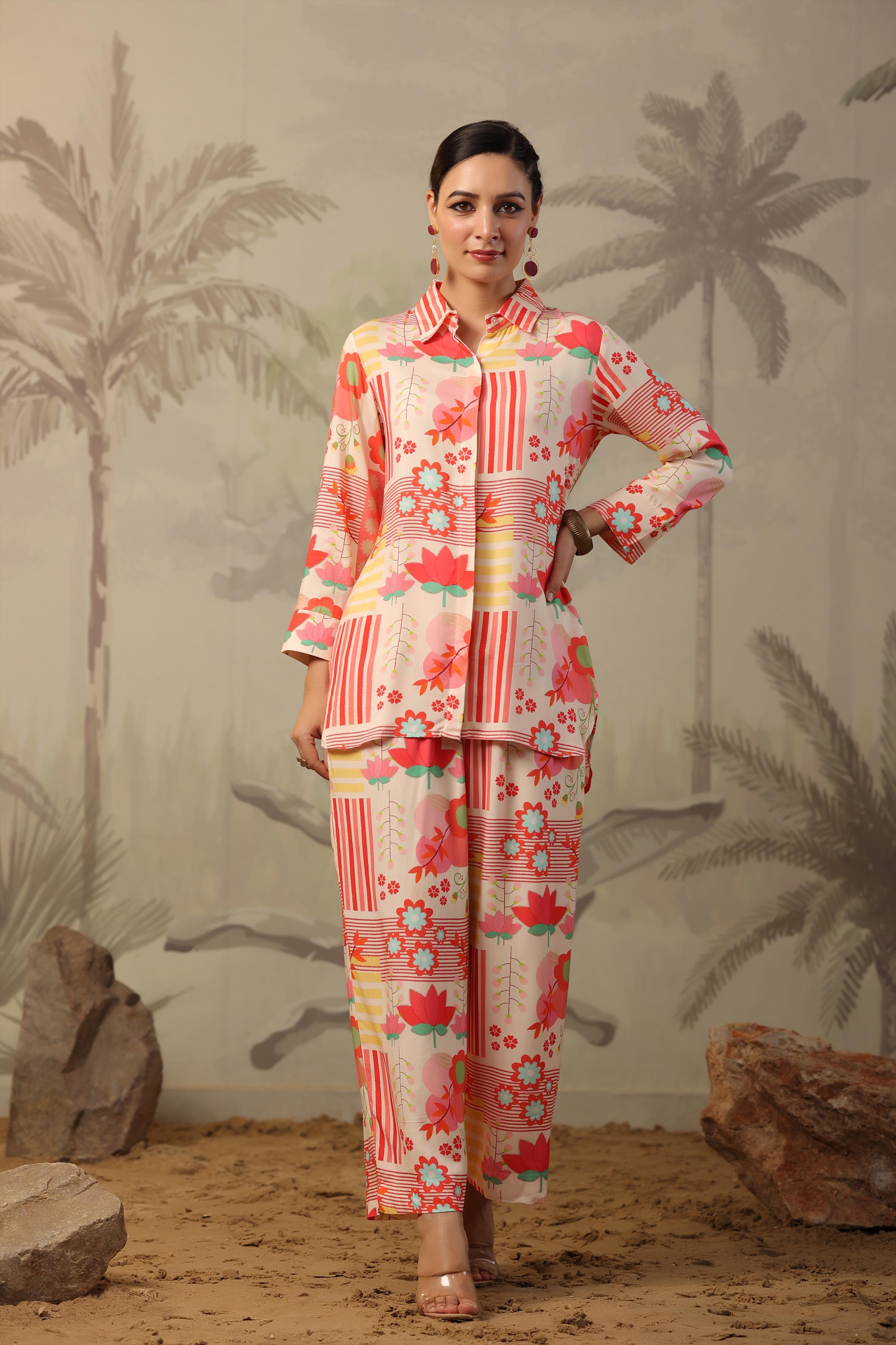 Peach-Ivory Rayon Printed Co-Ord Set