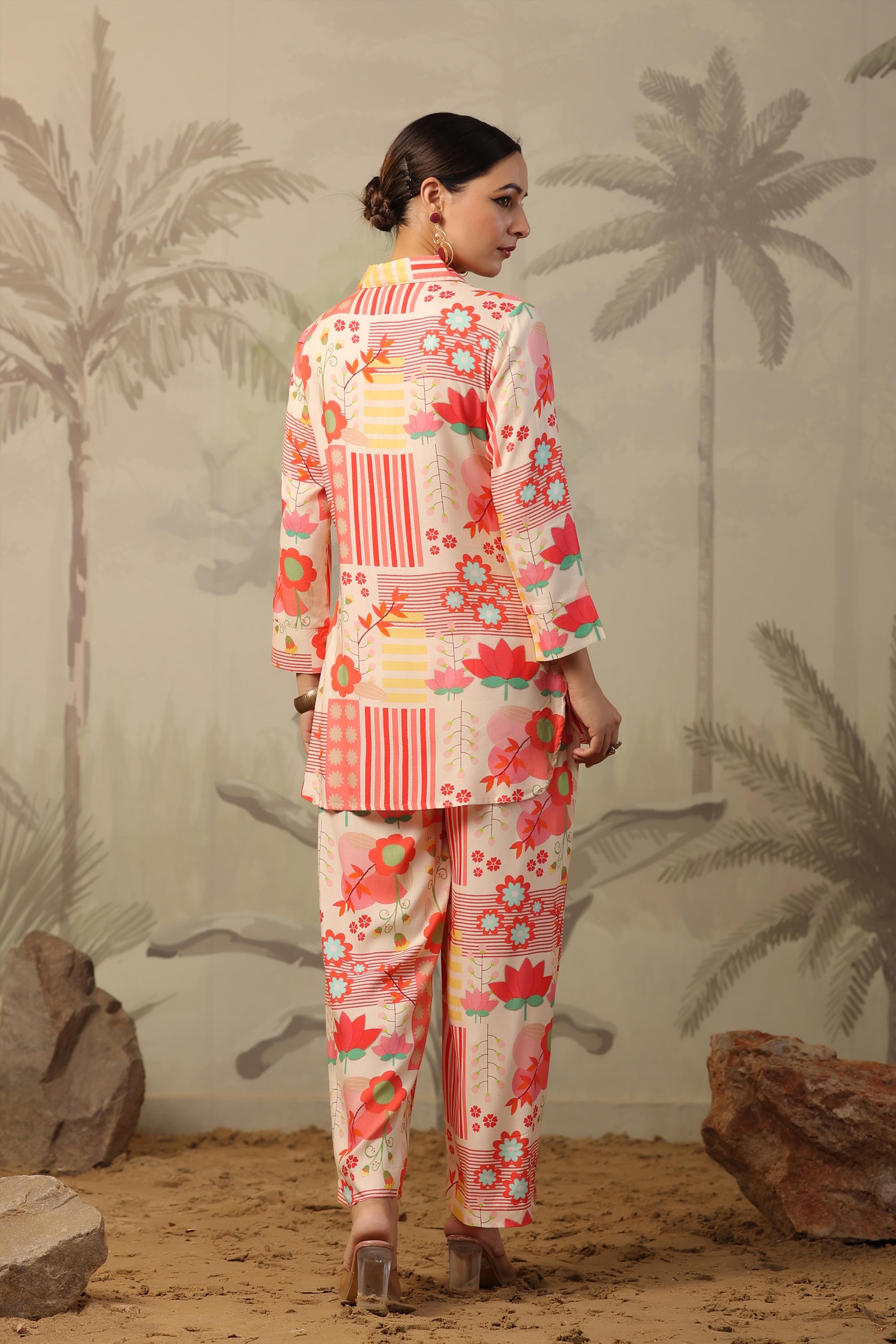 Peach-Ivory Rayon Printed Co-Ord Set