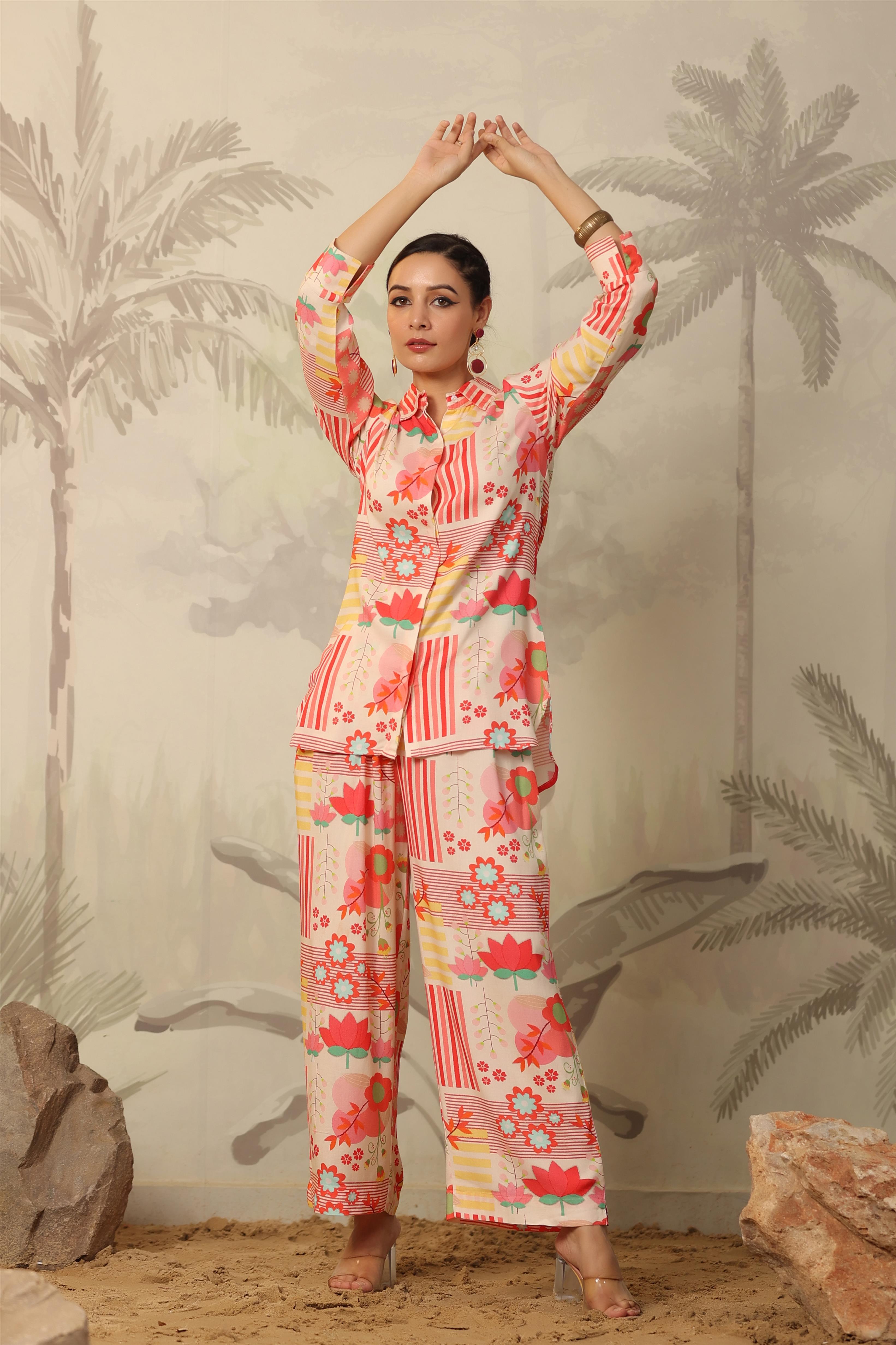 Peach Rayon Floral Print Co-Ord Set